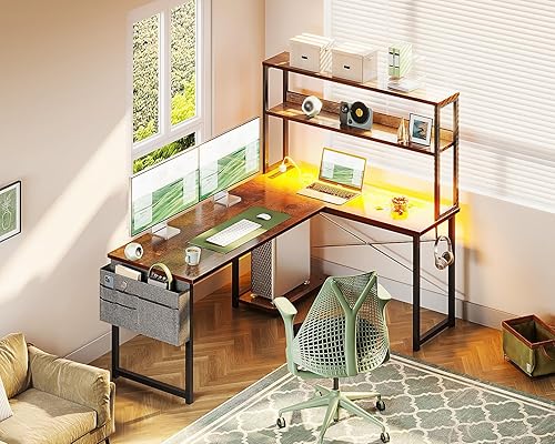 Miniatura 7 de Casaottima Escritorio para juegos con tomas de corriente y luces LED, escritorio reversible en forma de L de 53 pulgadas con estantes y bolsa de