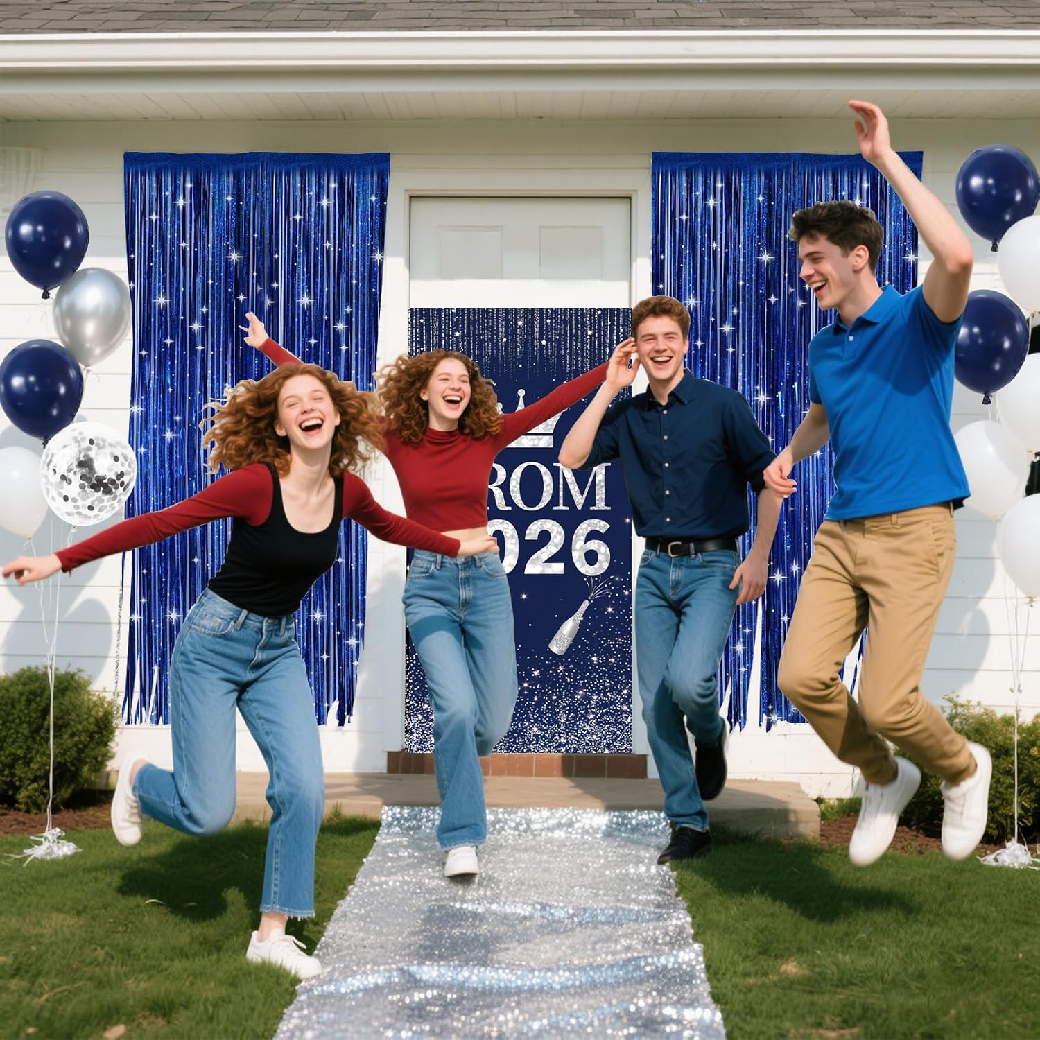 Prom 2026 Party Decorations Set Glitter Carpet Runner 15 x 2ft Runway Rug for Prom Party with Prom 2026 Door Banner, Tinsel Foil Fringe Curtains, Balloons for Graduation Prom Decoration (Blue)