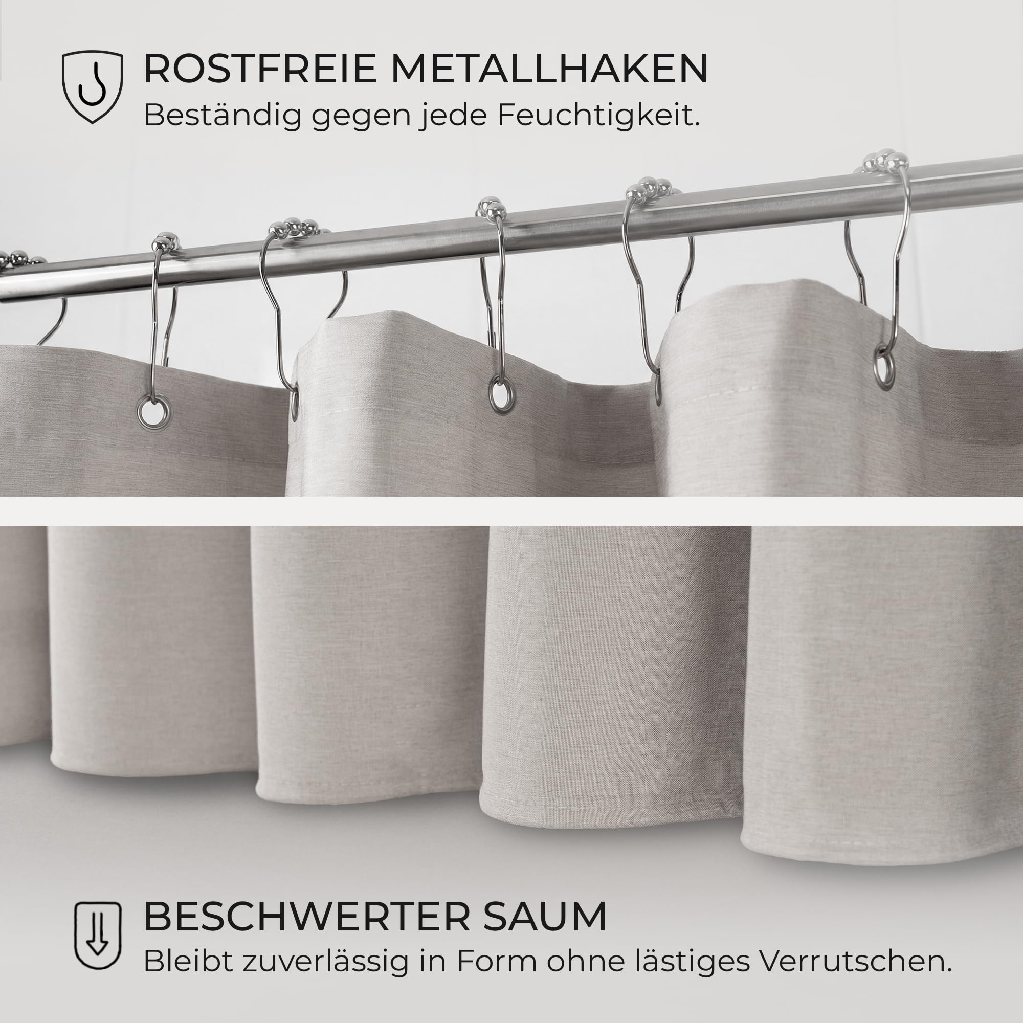 Duschvorhang 180x200cm Grau – 230 GSM Leinen Wasserdicht Waschbar | 230 GSM Stoff – kein Kleben am Körper, 100% wasserdicht, 12 Metallösen mit Kugellager, maschinenwaschbar