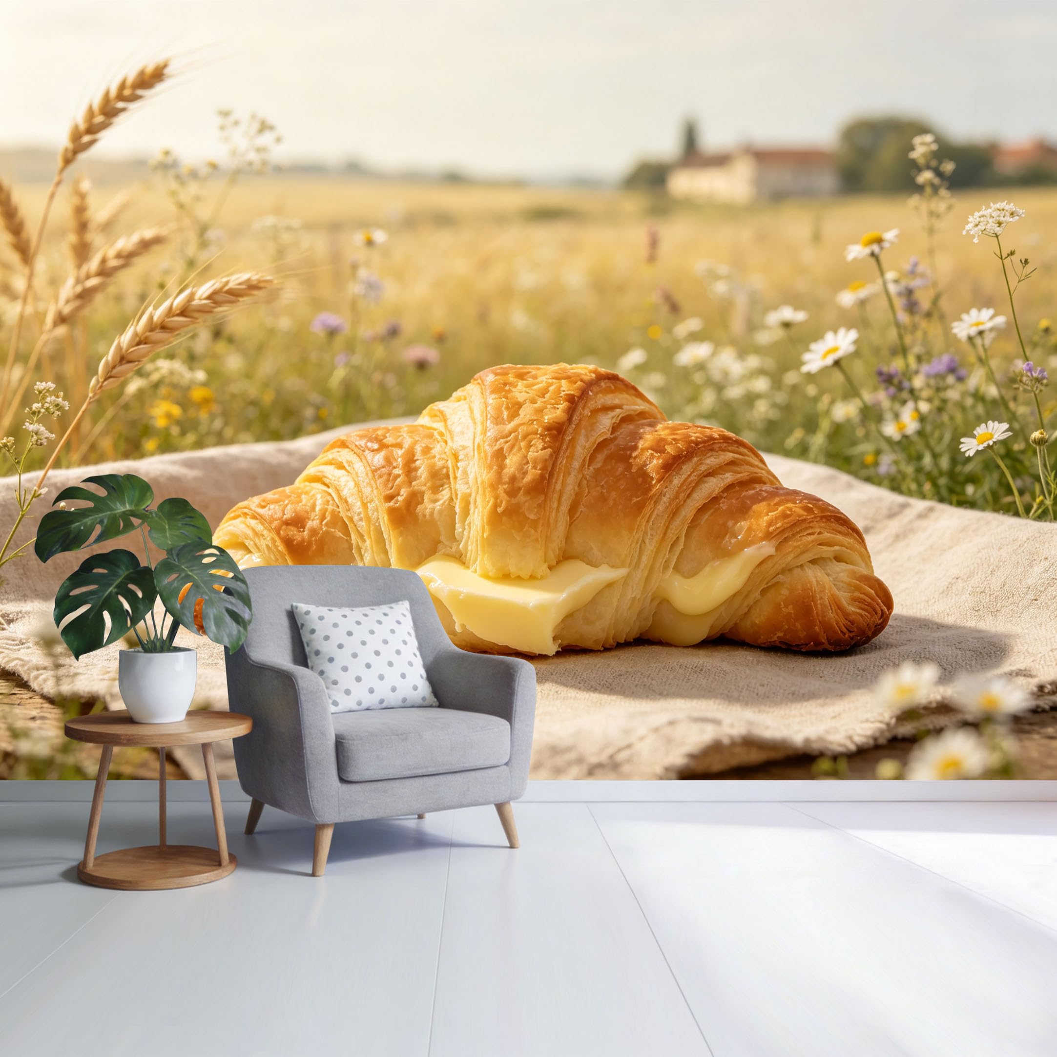 Custom Size Wall Mural Fresh Butter Croissant Field Morning Landscape Botanical Rustic Farmhouse SelfAdhesive Wall Fabric Removable Wallpaper for Home Office Decor