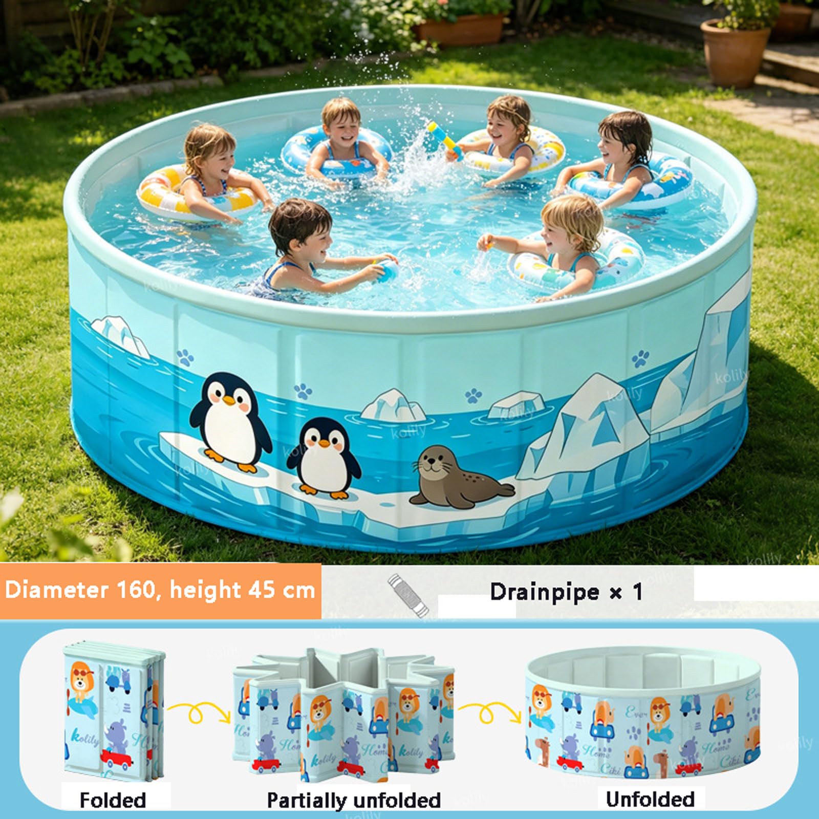 Vasca per Cani Pieghevole 160*45CM Piscina Pieghevole Non Gonfiabile Grande Piscinetta rigida Antiscivolo Vasca da Palline con Scarico Salvaspazio Per Adulti Animali Domestici Famiglia Giardino