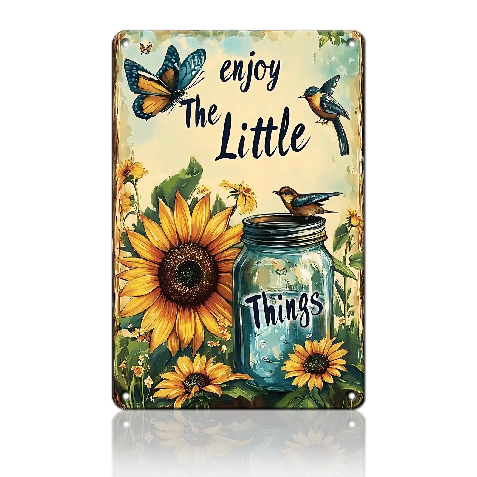 Anceky Enjoy The Little Things Flowers Metal Sign Retro Tin Sign Wall Decor for Farmhouse Kitchen Cafe Home Yard 12×8 Inch