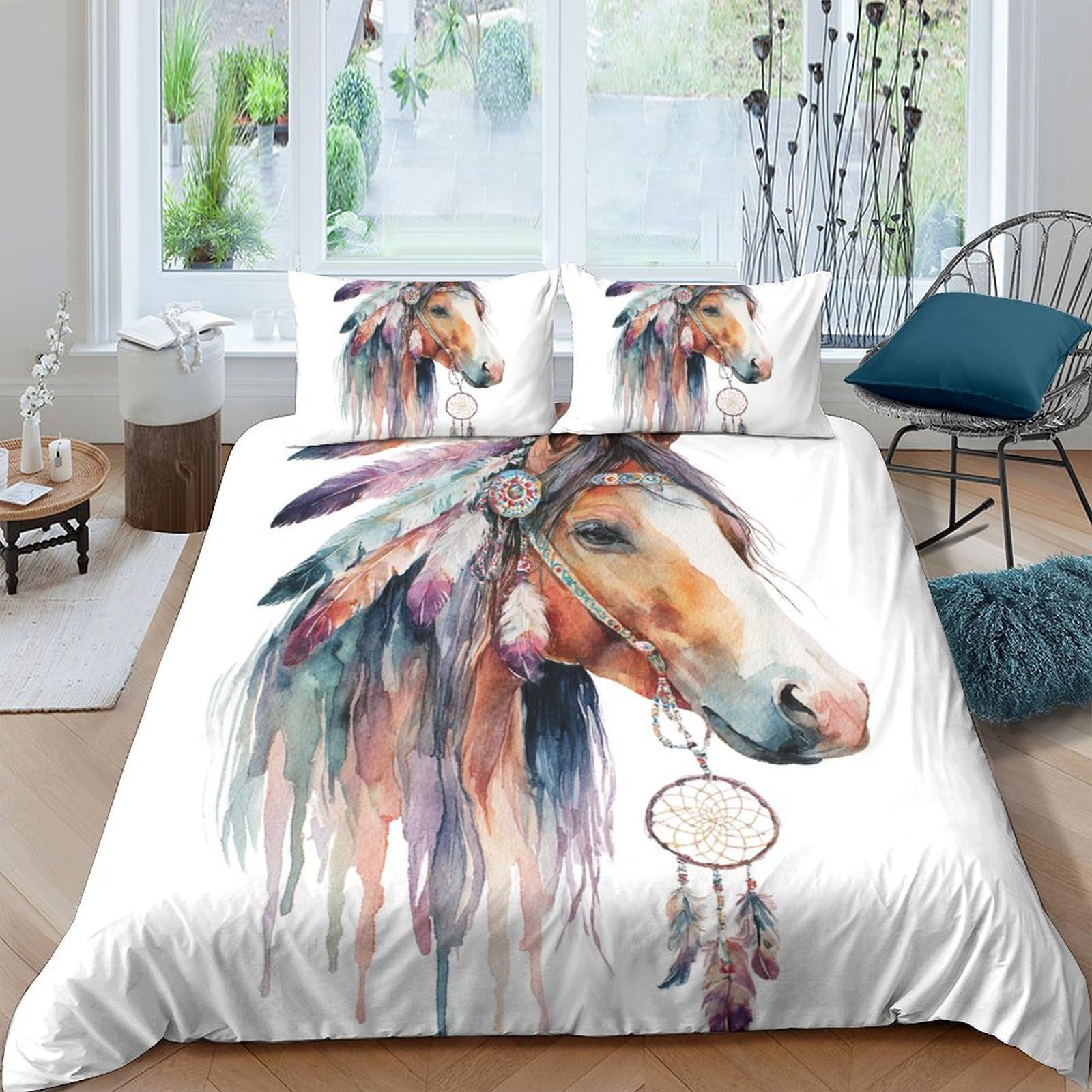 Ctjqhvkz Style-2 3D Printed Watercolor Horse Fitted Sheet Microfiber Soft Dreamcatcher Bed Cover For Bedroom Dorm Decor Mattress Protection Single（135X200cm）