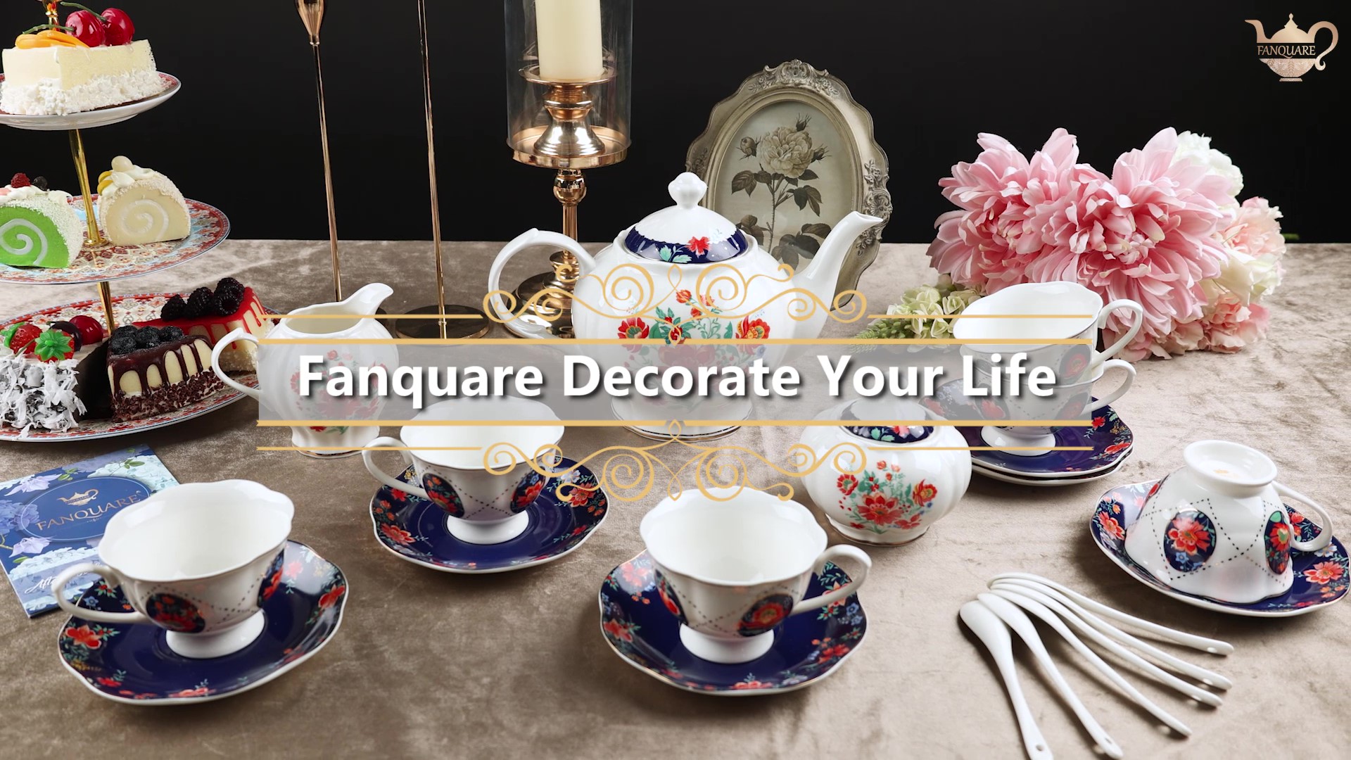 fanquare 21 Piece Porcelain Afternoon Tea Set, Red Floral Coffee