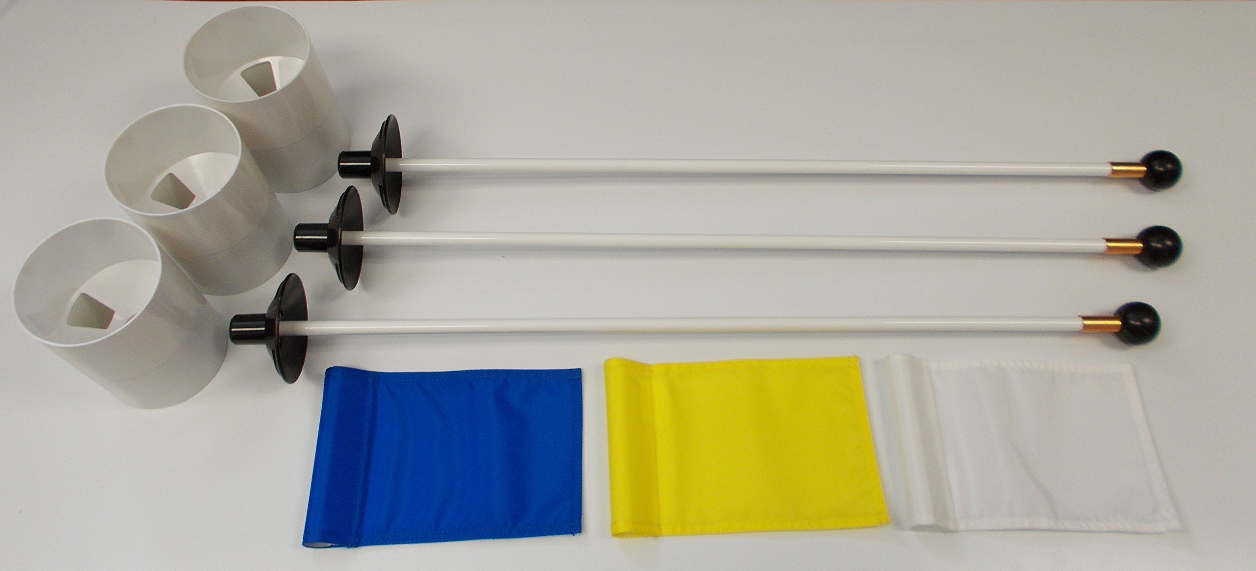Golf Practice Putting Green – Deluxe Accessory Kit – (3)Bright White Plastic 6” Deep Regulation Cups + (1)Blue, (1)Yellow, (1)White Jr Flag + (3)30” White Fiberglass Pin Markers with Ball Lifter Disk
