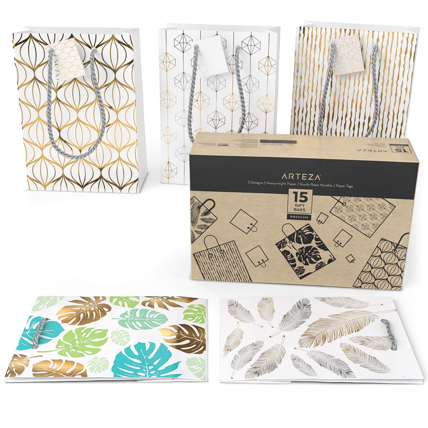 Arteza Borsa Regalo Carta, (24 x 17.8 x 8.6 cm), Set da 15 Sacchetti (5 Diversi Designs su Sfondo Bianco, 3 Pz per Ogni Tipo), Perfette per Ogni Occasione Regalo, Laurea e Diploma, Feste di Compleanno