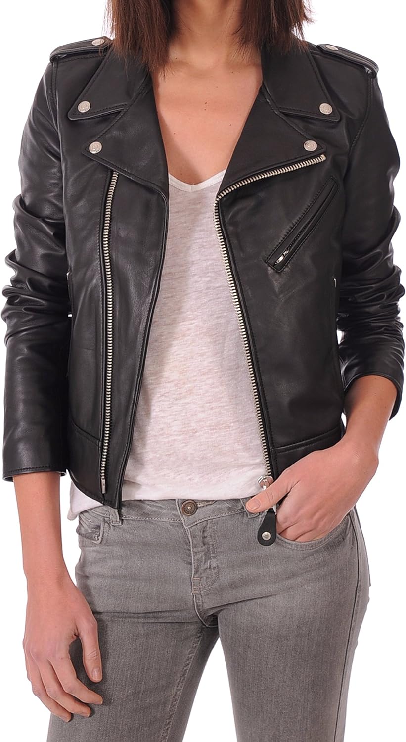LEATHER FARM Women's Lambskin Leather Bomber Biker Jacket