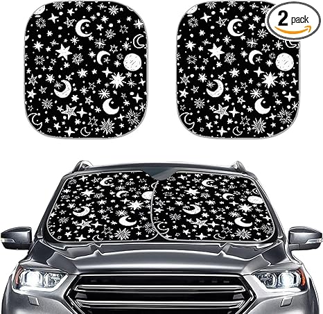 Moon Stars Print Windshield Sun Shade - 2 Pieces Foldable Car Front Window Sunshades for Most Sedans SUV Truck,Universal Fit