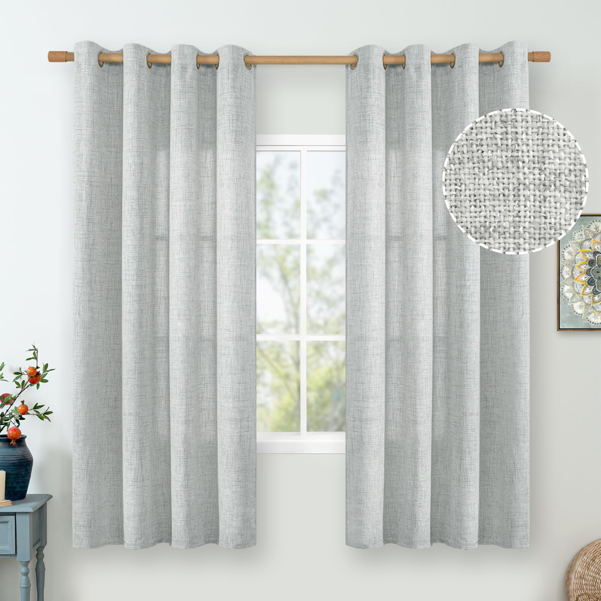 QUEMAS Light Grey Linen Curtains 63 Inch Length, Thick Burlap Curtains for Living Room Bedroom Farmhouse Light Filtering Non See Through Grommet Window Curtains, 52 Inch Wide 2 Panel