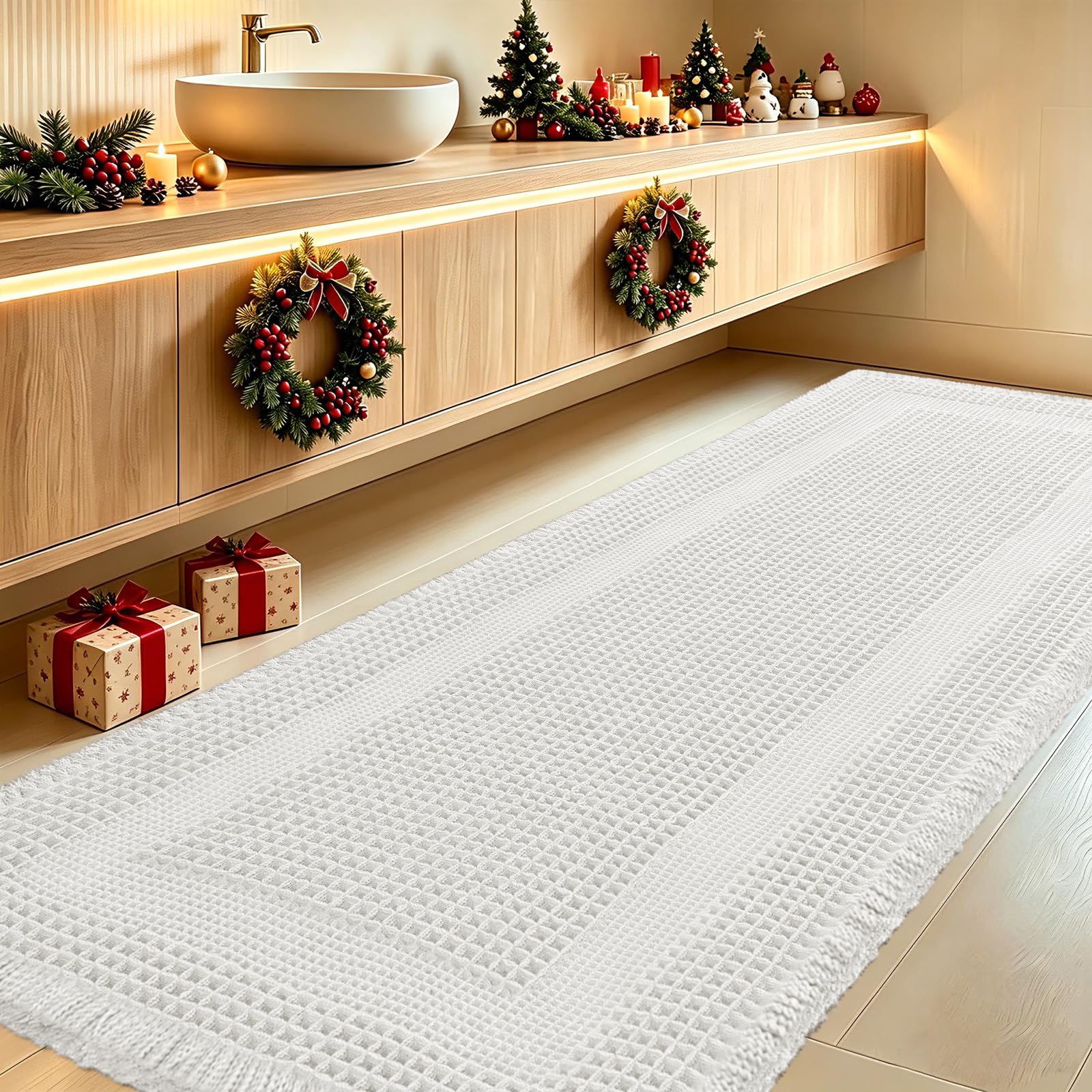 IM HOME Extra Large Waffle Bath Mat, Boho Bathroom Rugs Absorbent Non Slip, Ultra Soft Bathroom Mat, Machine Washable Knit Bath Rugs with Tassels for Bathroom, Bedroom, Kitchen, Shower, 6'x2', White