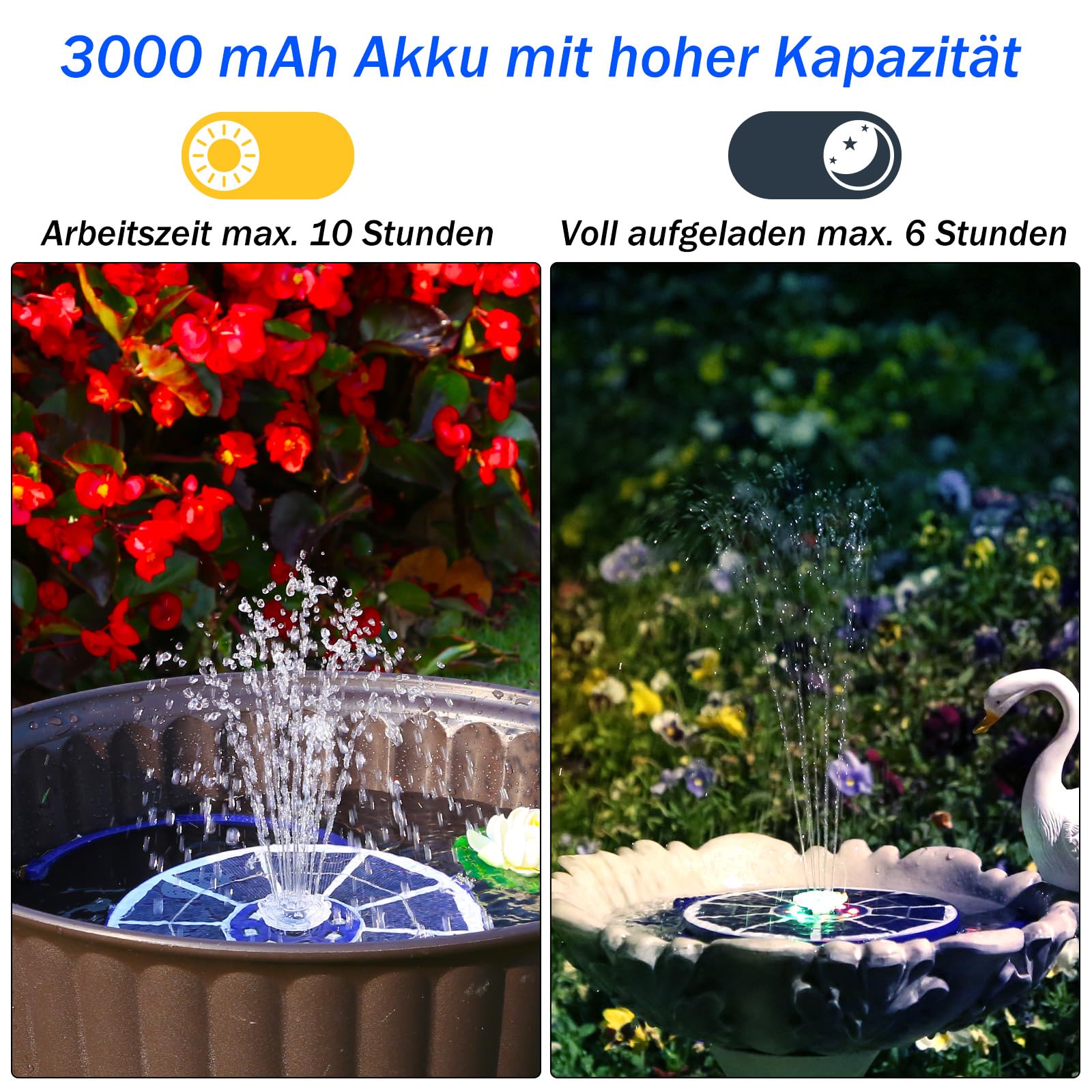 AISITIN LED Solarbrunnen für Draussen Verbessert mit 3000mAh, 3,5W Solar Schwimmender Fontäne Pumpe mit Verschiedene Sprüh Effekten, Solar Springbrunnen für Außen mit Blau Glasscheibe für Garten,Teich