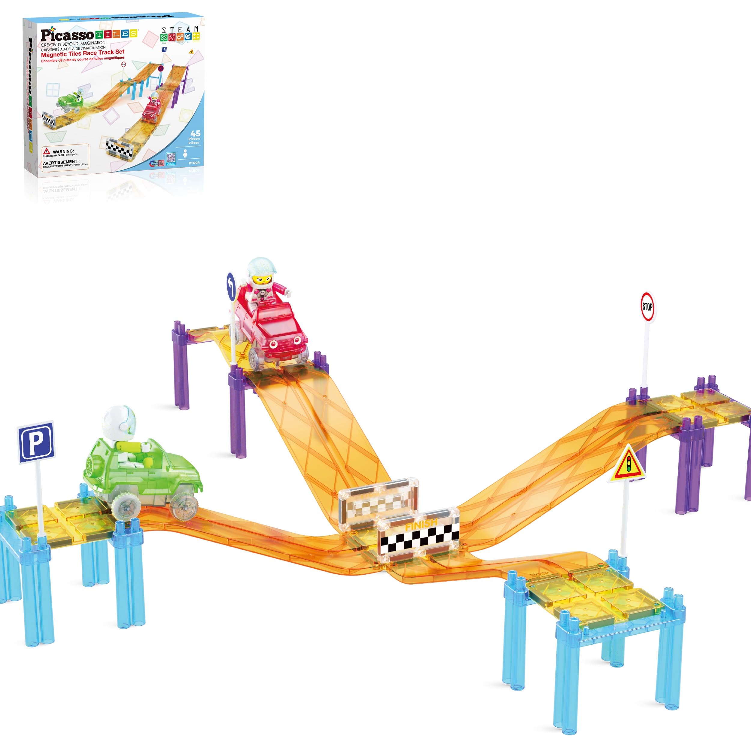 PicassoTilesMagnetic Race Track Car Slide Magnet Building Blocks Tiles Sensory Toys for Kids Toddlers Include Trucks Character Action Figures STEM Learning Kit Races School Age 3+ year Old Boys Girls