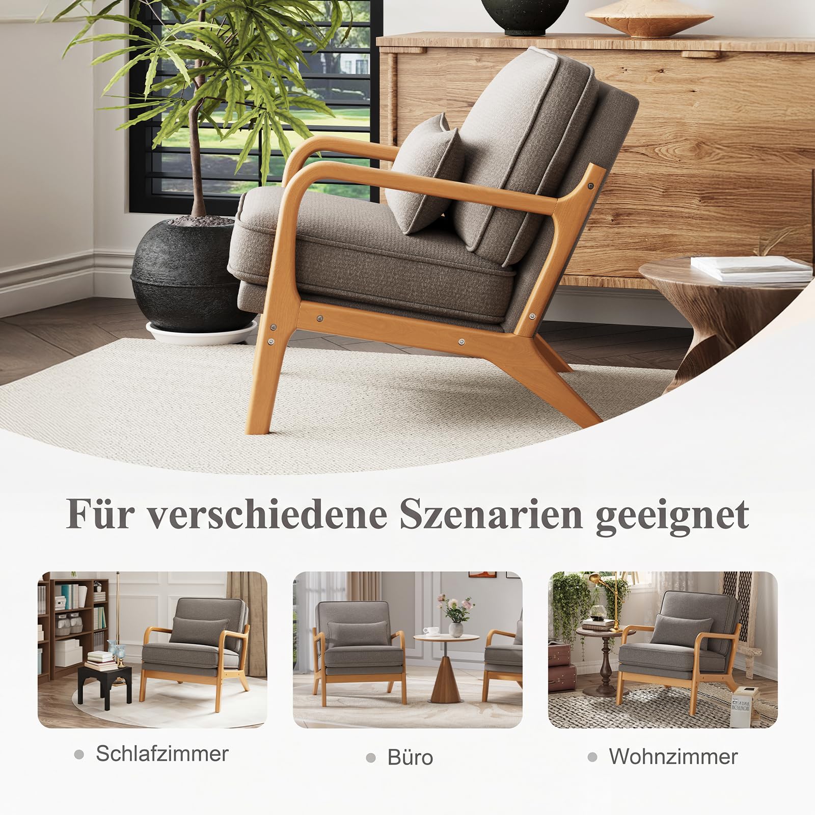 COLAMY Sessel Wohnzimmer Mid-Century Modern 2er Set, Loungesessel mit Lendenkissen, Massivholzrahmen & weichem Polster, bequemer Lesesessel für Wohnzimmer und Schlafzimmer, grau