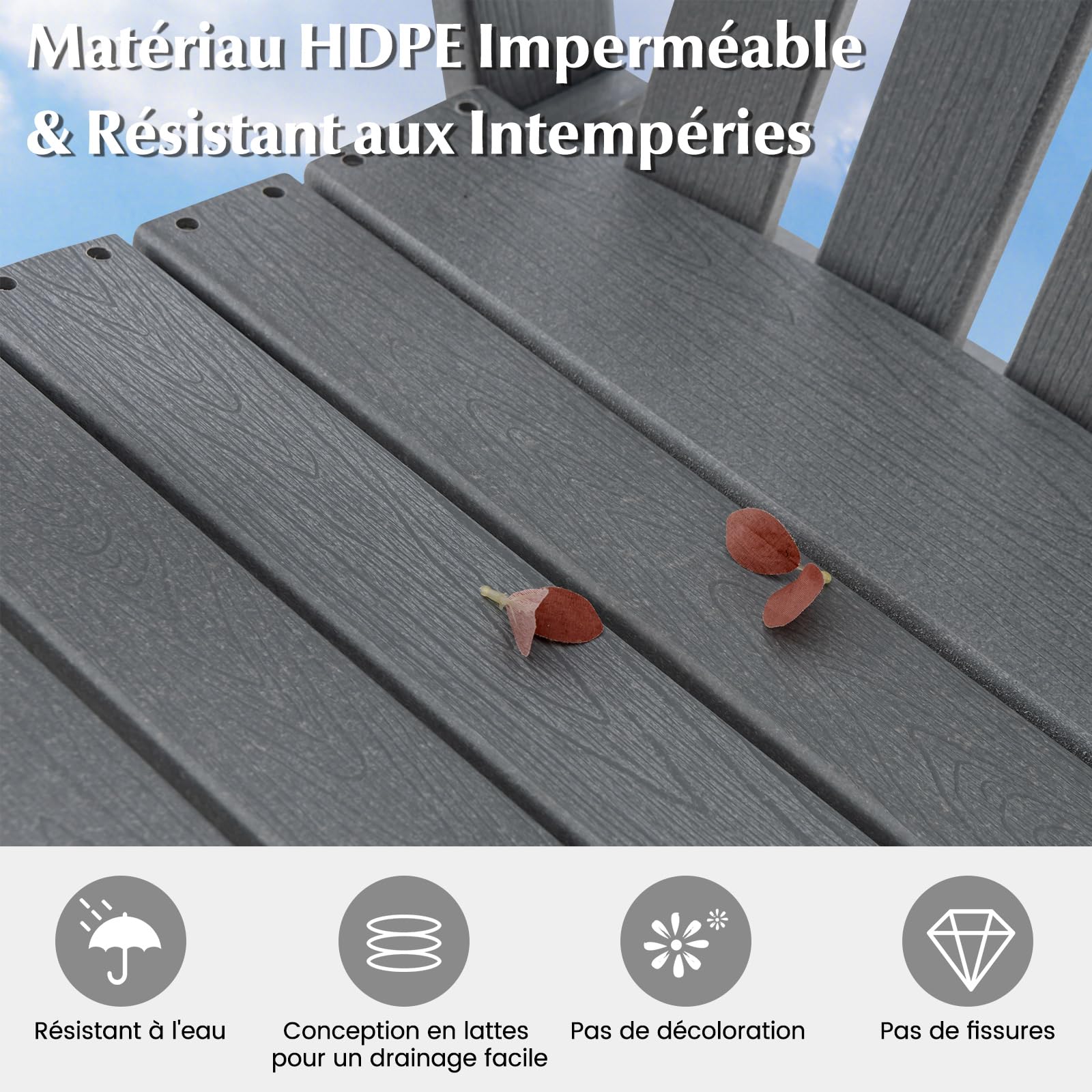 COSTWAY Chaise de Jardin Adirondack en HDPE, Chaise d'Extérieur avec Accoudoirs et Repose-Pieds, Fuateuil de Jardin à Dossier Haut, Chaise de Bar à Lattes, pour Pisine, Patio, Charge 160 KG (Gris)