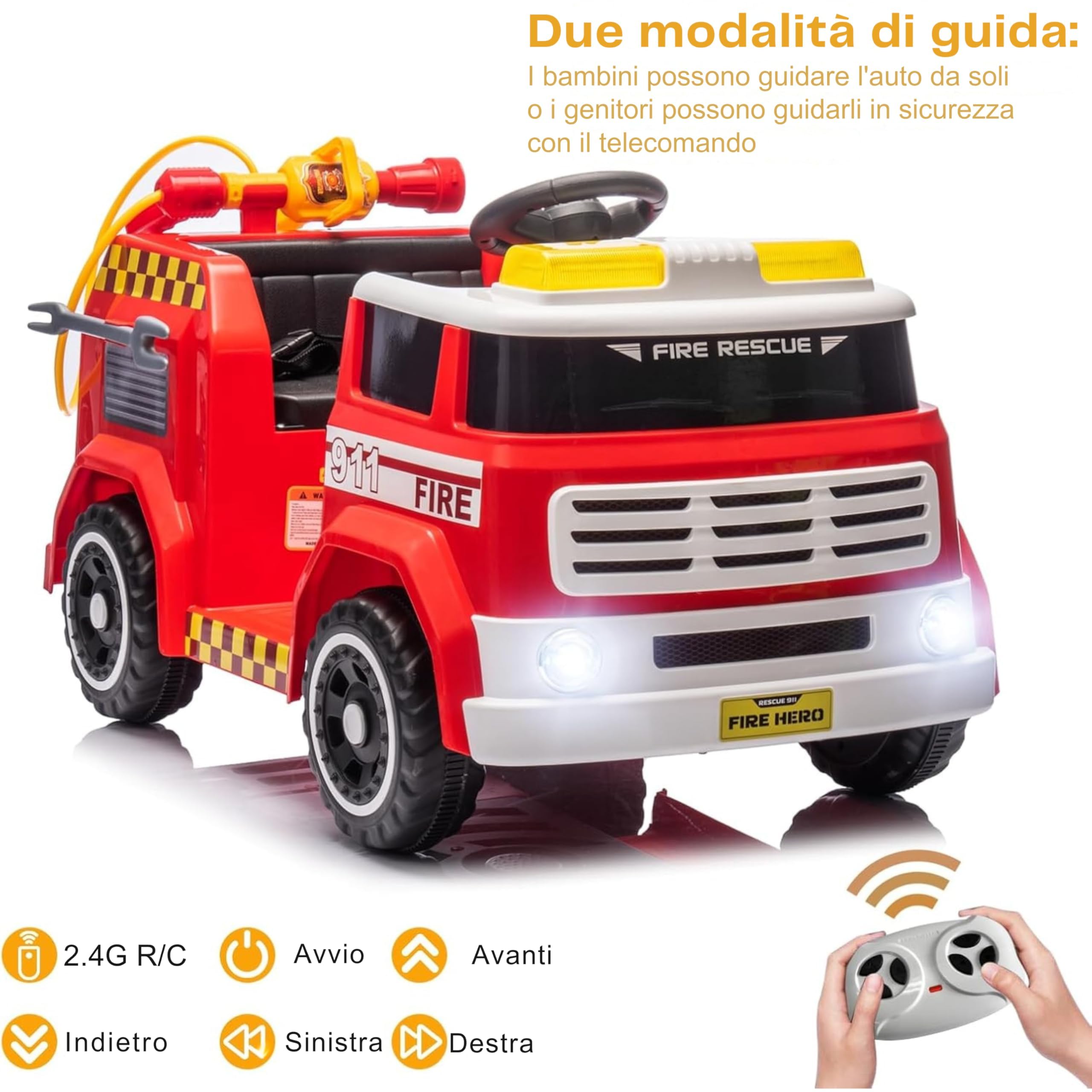 Camion Pompieri Cavalcabile Elettrico 12V per Bambini – Veicolo con Sirena, Luci Lampeggianti, Estintore ad Acqua, Microfono, Telecomando, Musica, LED, USB, Cintura di Sicurezza