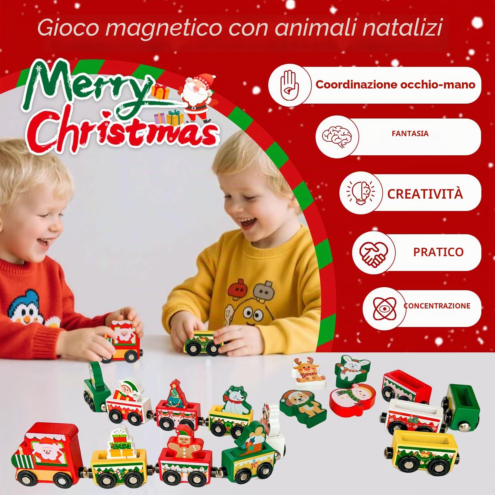 Calendario dell'Avvento 2025, in legno, per bambini, calendario dell'Avvento natalizio, treno, giocattolo in legno, 24 pezzi, regalo di Natale per ragazzi e bambine 3 anni