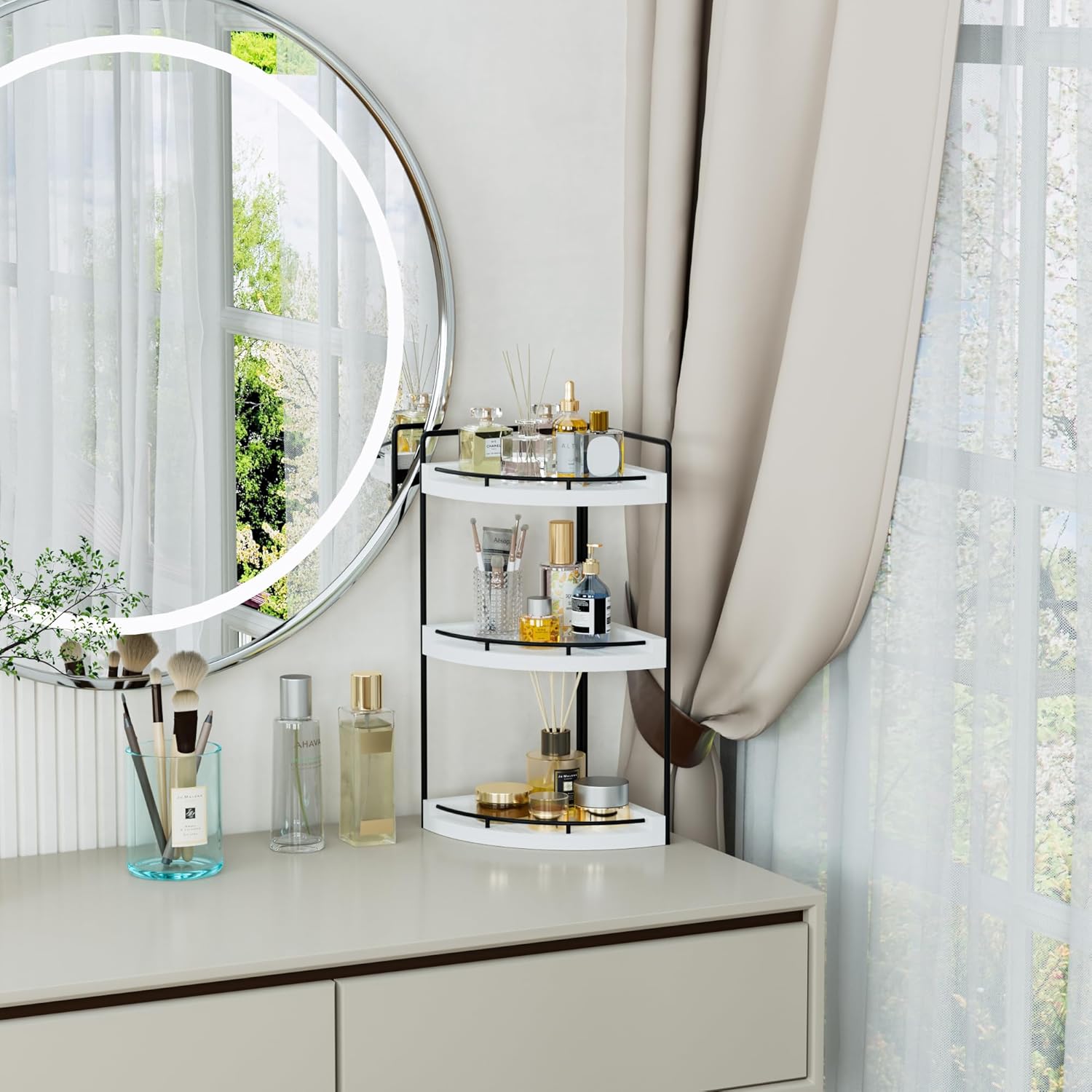 Corner Bathroom Counter Organizer, 3 Tier Bathroom Sink Shelf Countertop, Wood Vanity Skincare Storage for Toiletries Decor, Makeup, Dresser (White)