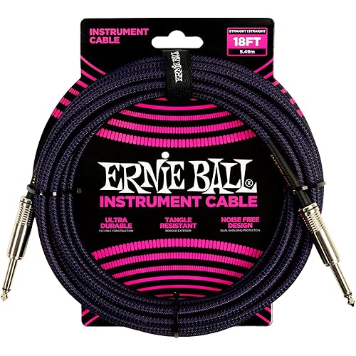 Ernie Ball Braided Instrument Cable, Straight Straight, 18ft, Purple/Black