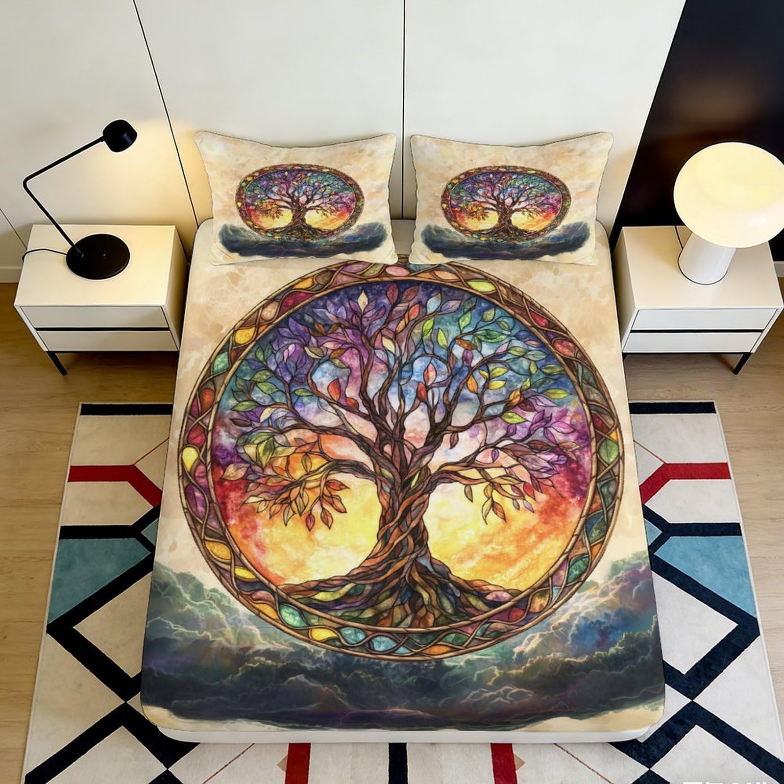 3D Printed Tree of Life Fitted Sheet Microfiber Soft Colourful Sunset Mattress Cover Anti-Slip for Bedroom Guest Room Dorm 140x200x25cm