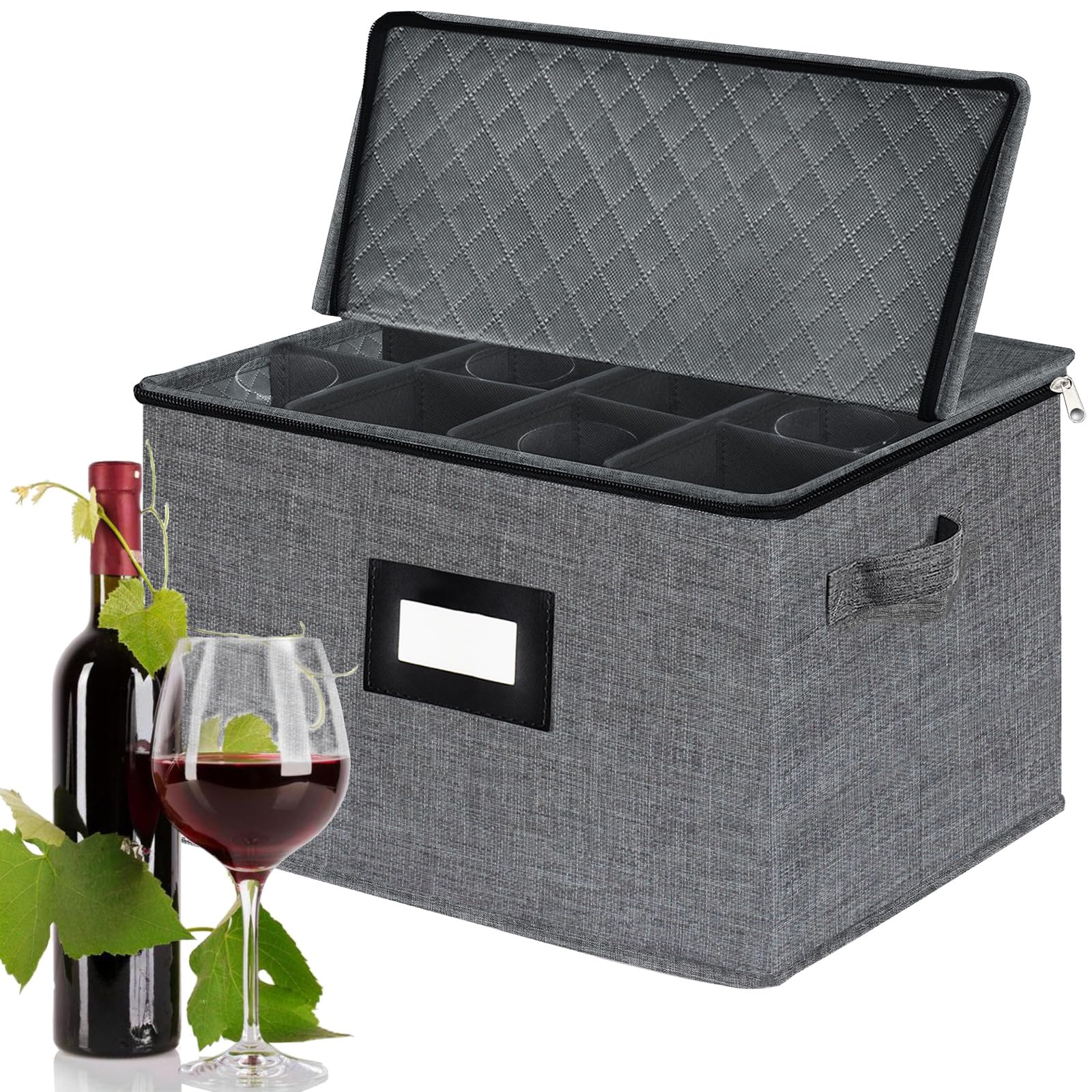 VERONLY Vino Portabicchieri Scatole Trasloco, Contenitori per Bicchieri da Vino con Partizione per 24 Bicchieri di Cristallo, Confezione da 2 Scatola Pieghevole con Finestra per Etichett(Grigio