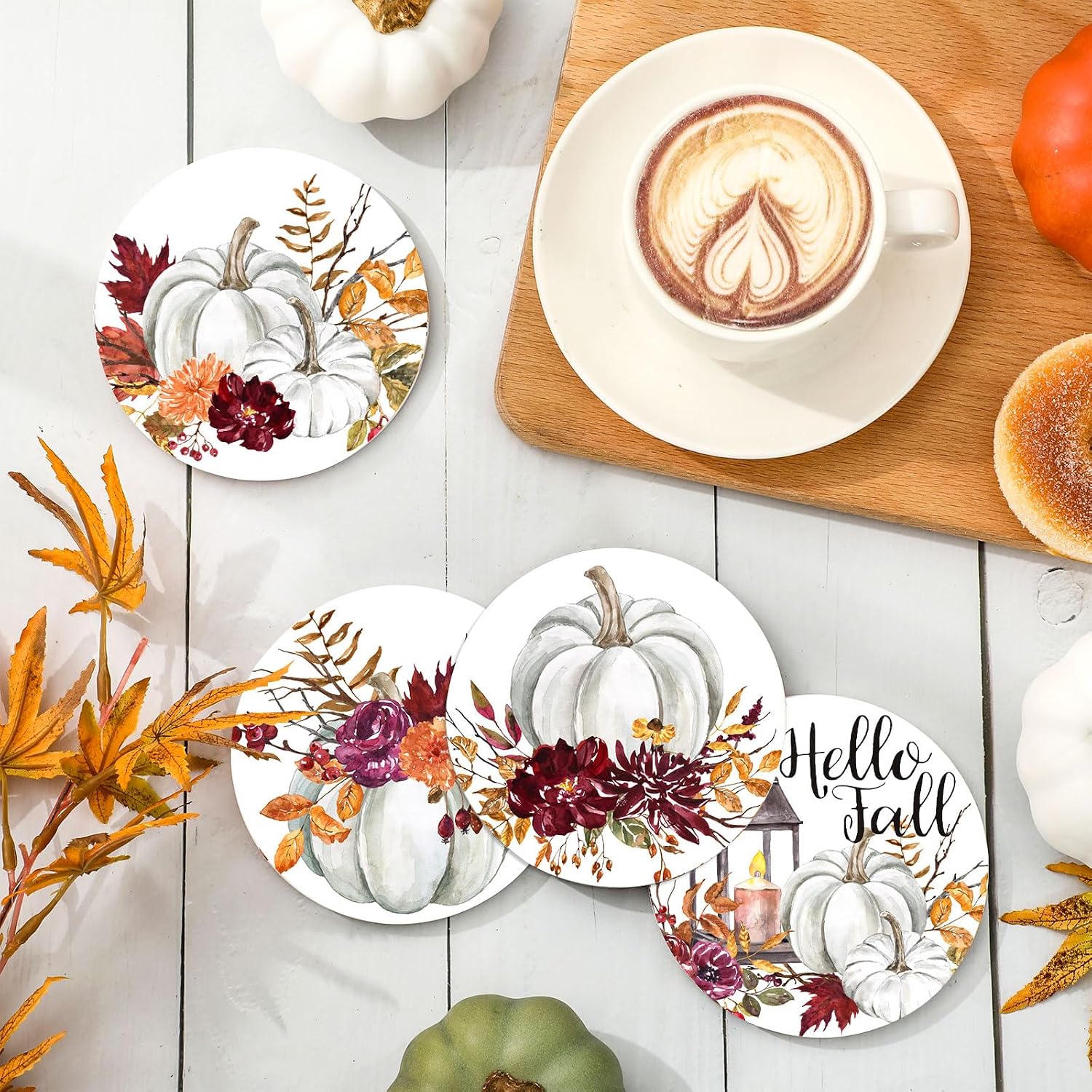 JarThenaAMCS Fall Pumpkin Coasters Watercolor Pumpkin Floral Round Drink Coasters Autumn Thanksgiving Ceramic Cup Mats for Mugs Cups Home Kitchen Harvest Party Office Table Decor, 4Pcs