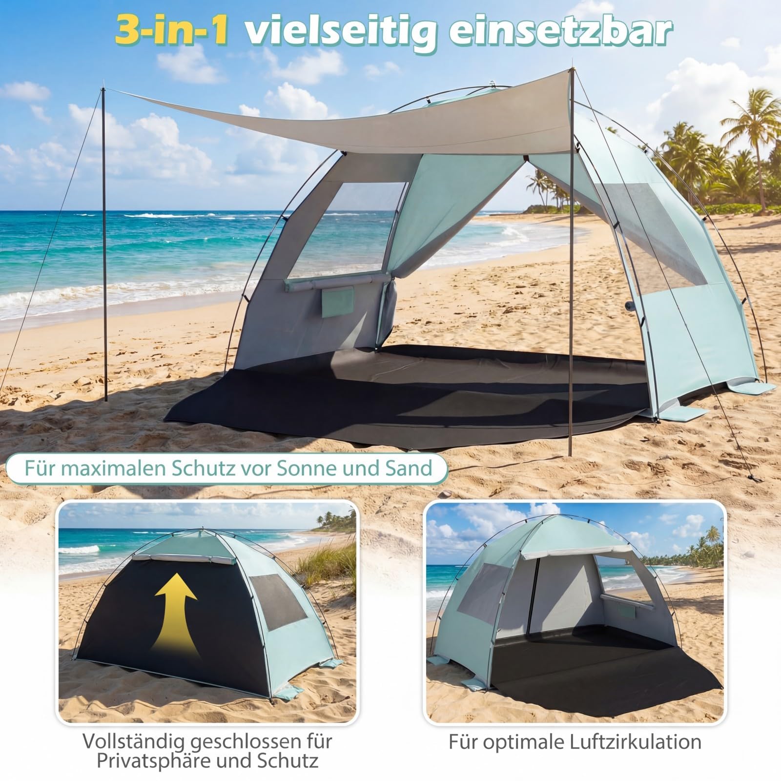 COSTWAY Strandmuschel mit Vordach, Strandzelt UV-Schutz 50+ mit Reißverschlusstüren & Netzfenstern, Zelt für 5-6 Personen inkl. Tragetasche & Heringe (260 x 150 x 160 cm,Grün)