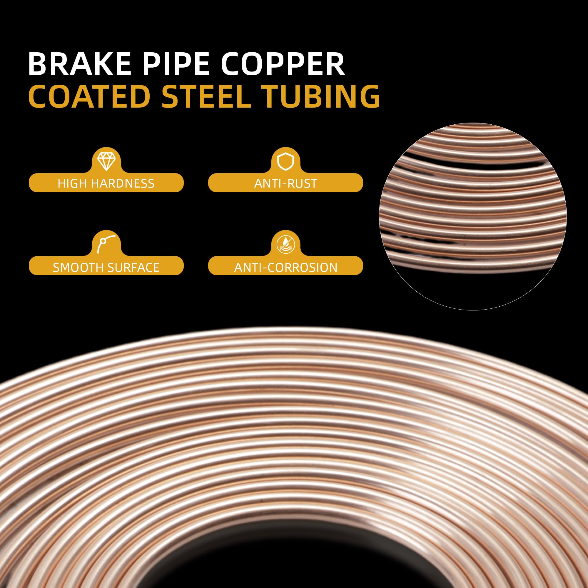 Brake Pipe copper coated steel Tubing 25Ft. of 3/16" Automotive Replacement Brake Lines Kit with 6 Nuts Fittings