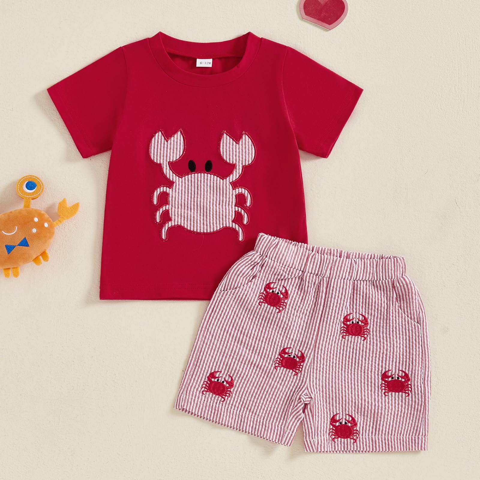 Kayotuas Toddler Baby Boy Summer Clothes Cute Crawfish Outfit Lobster Short Sleeve T-shirt Tops & Stripes/Gingham Shorts Set (Crab Red, 2-3T)