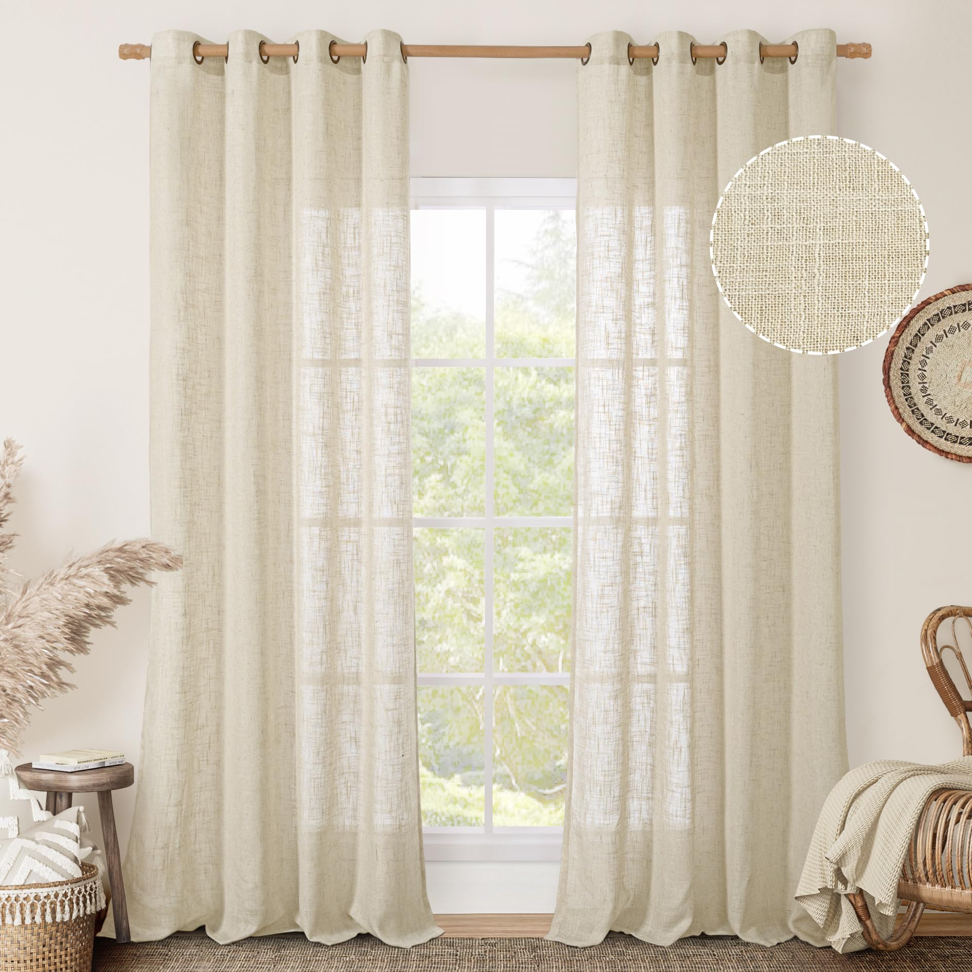 LAMIT Beige Linen Sheer Curtains 96 Inches Long for Living Room, Linen Textured Light Filtering Panels Bronze Grommet Floor to Ceiling Drapes for Sliding Glass Door/Bedroom, 2 Panels, 52 x 96 Inch