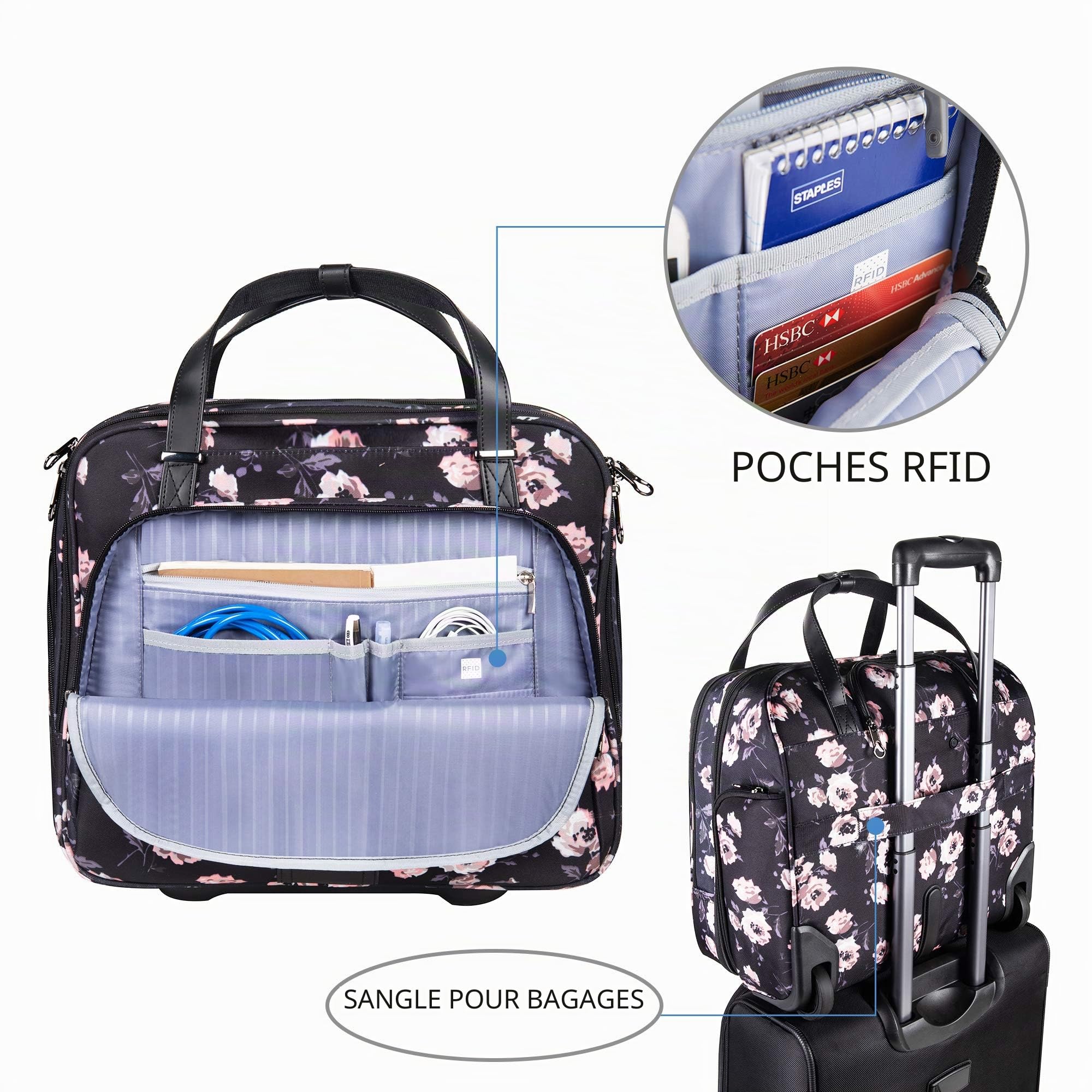 KROSER Mallettes à roulettes pour Ordinateur Portable Sacoche à roulettes 15,6 Pouces Imperméable Trolley Ordinateur Professionnel avec Poches RFID pour Femmes Rolling Laptop Bag