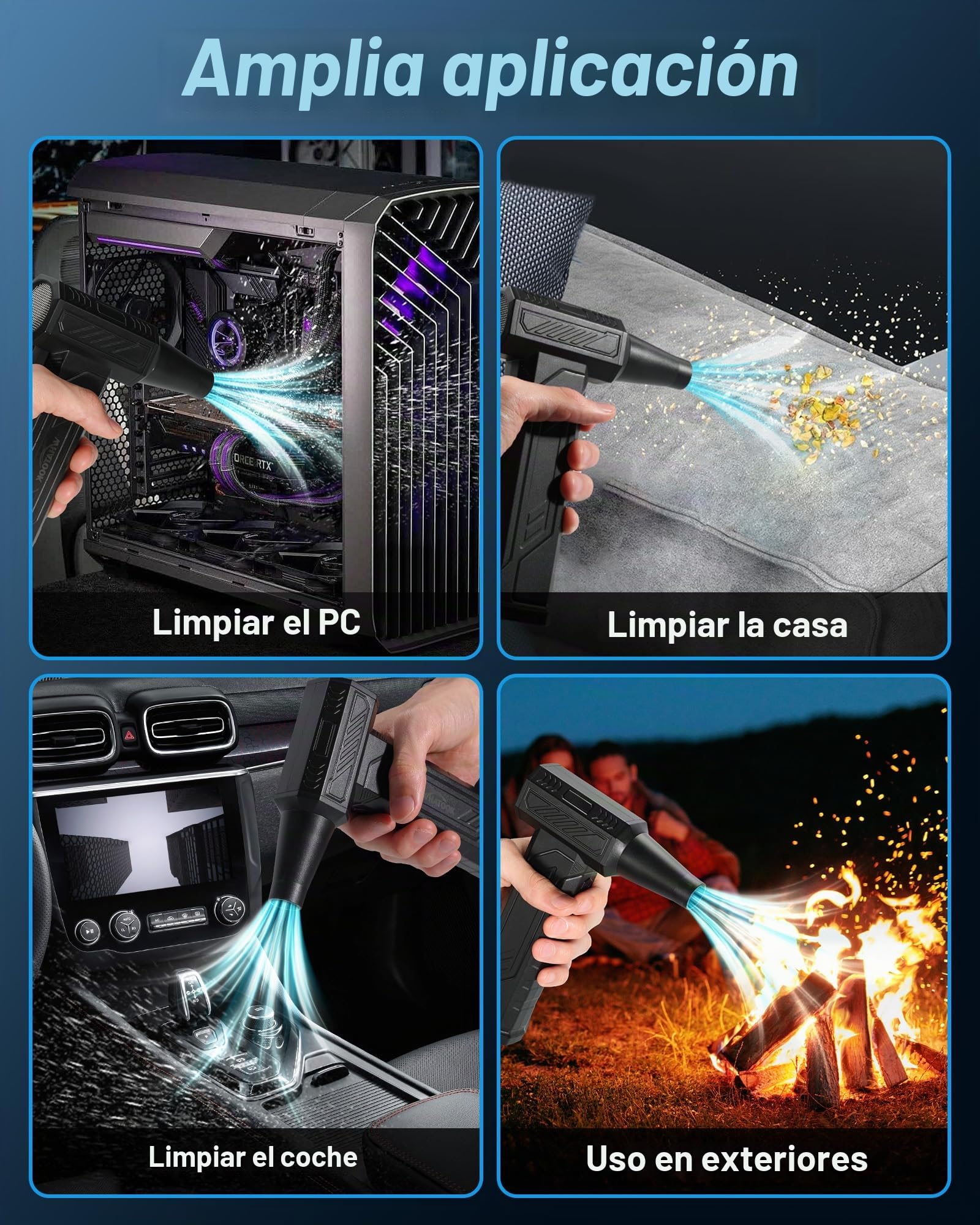 WHATOOK Soplador de Aire Eléctrico Potente, 4 Velocidades 250000 RPM Aire Comprimido Limpieza PC Air Duster con 8000mAh Bateríay Luz LED, USB-C Recargable Mini Compressed Air para PC, Teclado, Coche