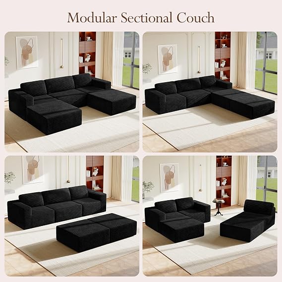 119 U-Shaped Modular Cloud Sofa, Corduroy Sectional Couch with Extra Deep Seats & Durable Spring Support, Convertible Boneless Sofa Set with Dual Ottomans, Ready to Use, Black