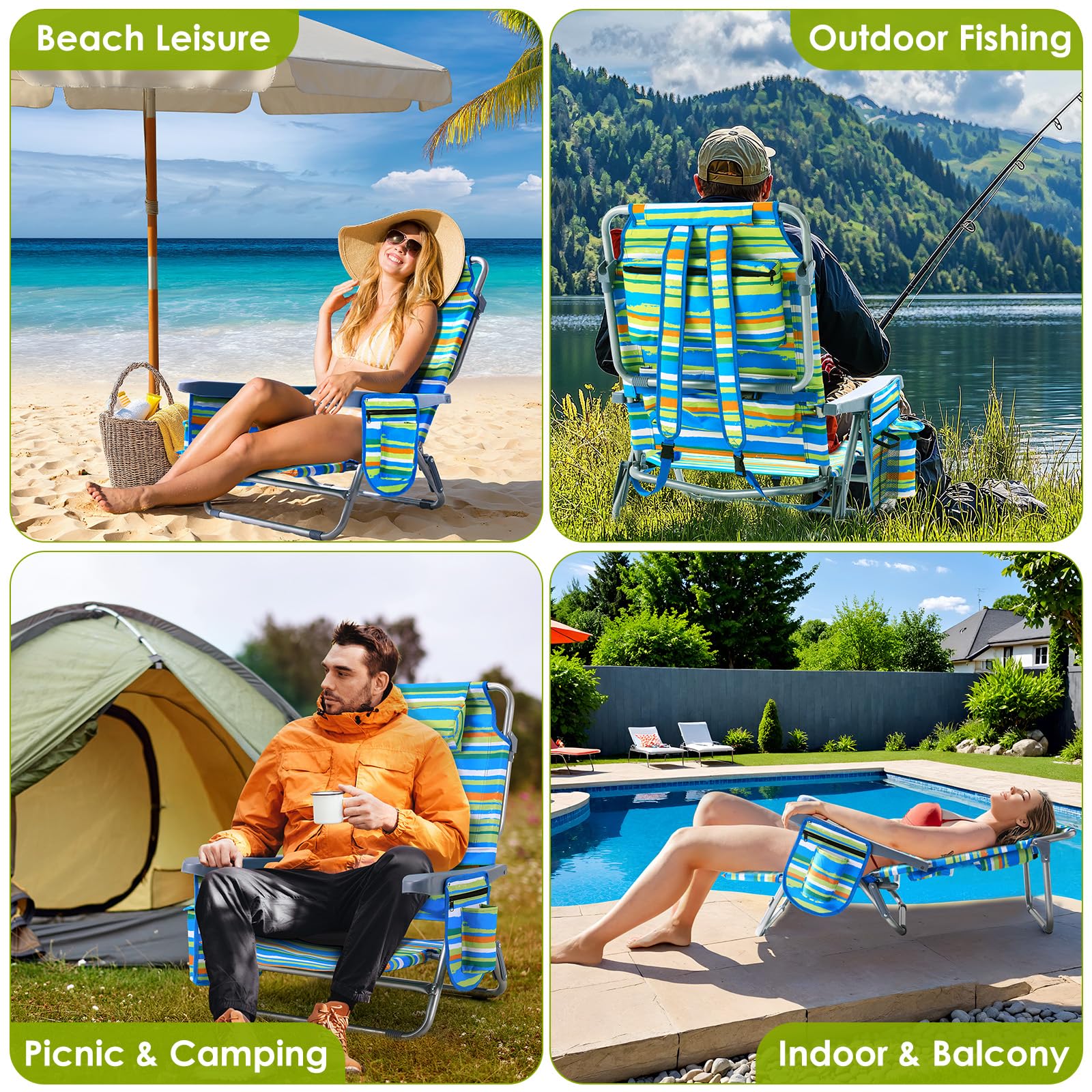 LIFERUN Strandstuhl 2er Set mit Rucksackfunktion, Tragbarer Outdoor Klappstuhl für Sand, Verstellbar Hohe Rückenlehne, mit Armlehne Lendenkissen Kopfstütze Seitentaschen, Campingstuhl Faltbar, Grün