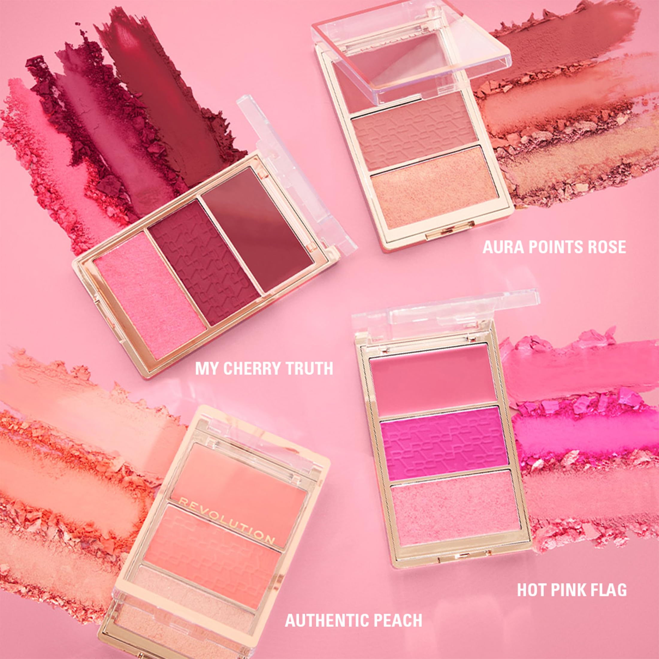 Revolution Palette Blush Icon, kremowy i tłoczony puder, silnie pigmentowany, paleta twarzy, wegańska i nieokrutna na zwierzętach, 3 kolory, Authentic Peach