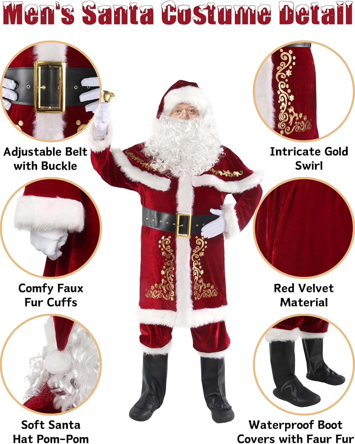 Santa Costume for Men 12pcs Set Red Deluxe Velvet Christmas Party Cosplay for Adult Santa Claus Suit - Image 4