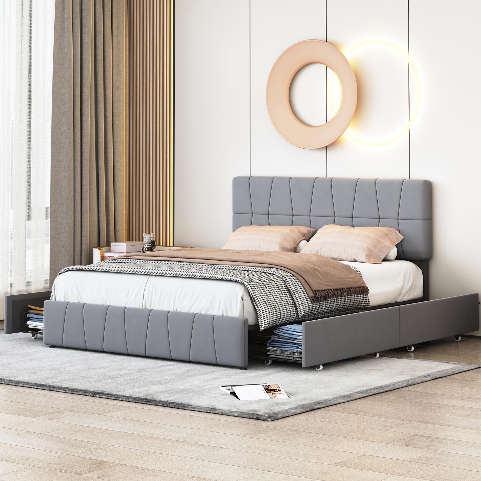 Callicarpa Cama tapizada de 160 x 200 cm con cabecero, cama de matrimonio con 4 cajones de almacenamiento, cama con espacio de almacenamiento, cabecero ajustable, cama de almacenamiento, respaldo de