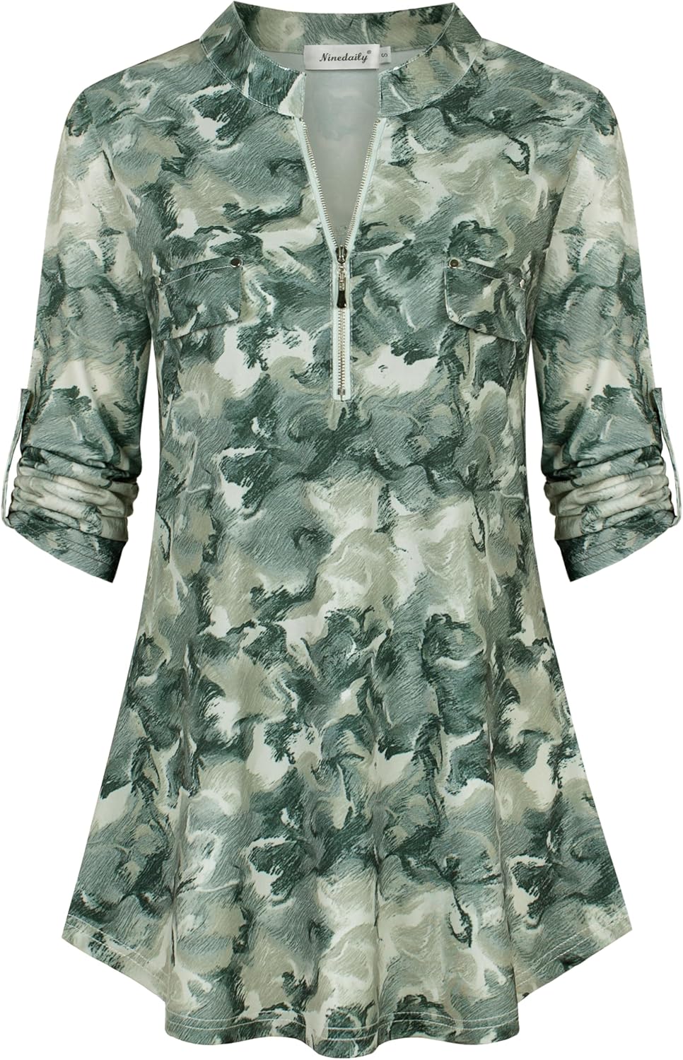 Ninedaily Women's 3/4 Sleeve Plaid Shirts Zip Floral Casual Tunic Blouse Tops