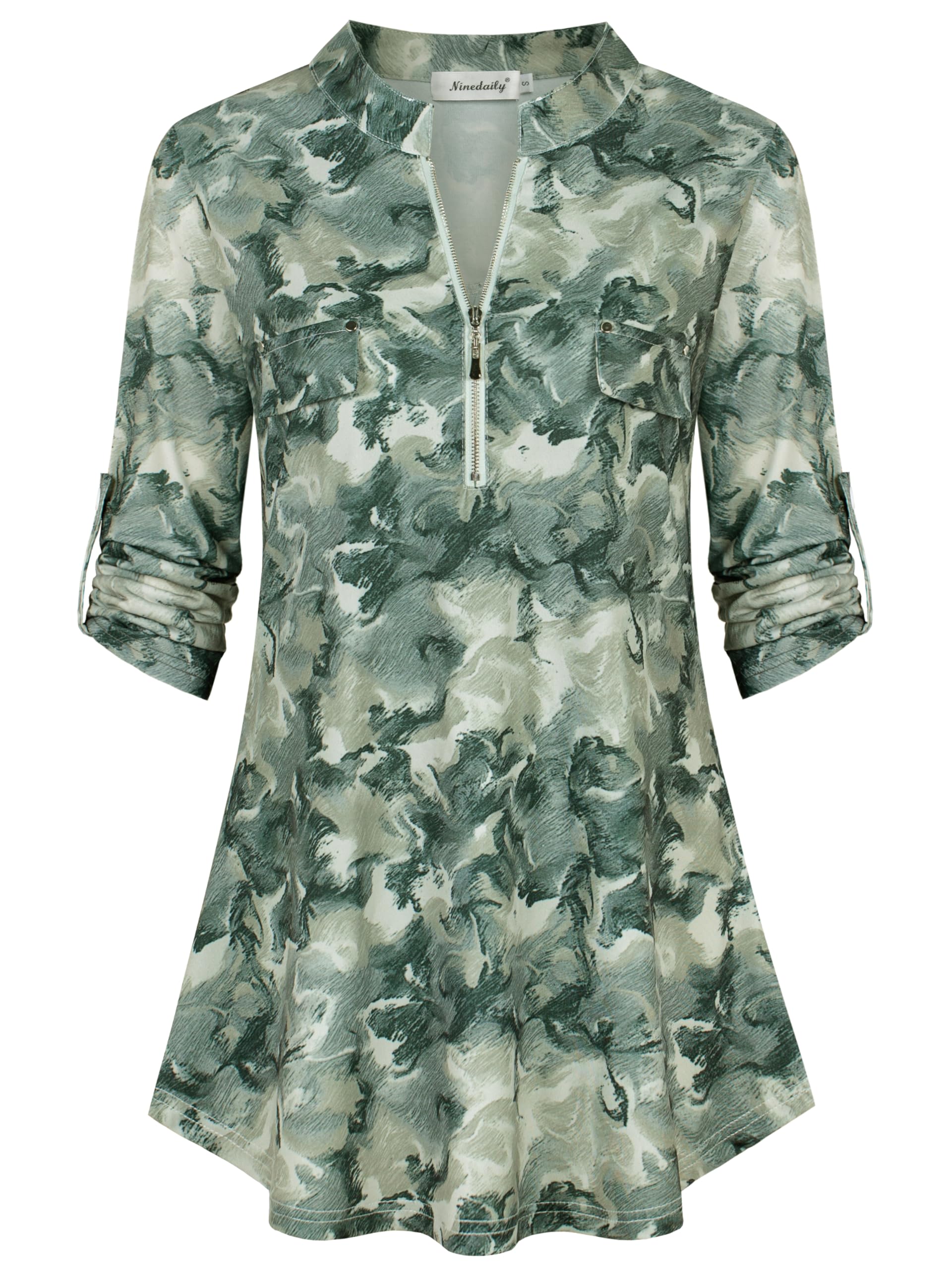 Ninedaily Women's 3/4 Sleeve Plaid Shirts Zip Floral Casual Tunic Blouse Tops