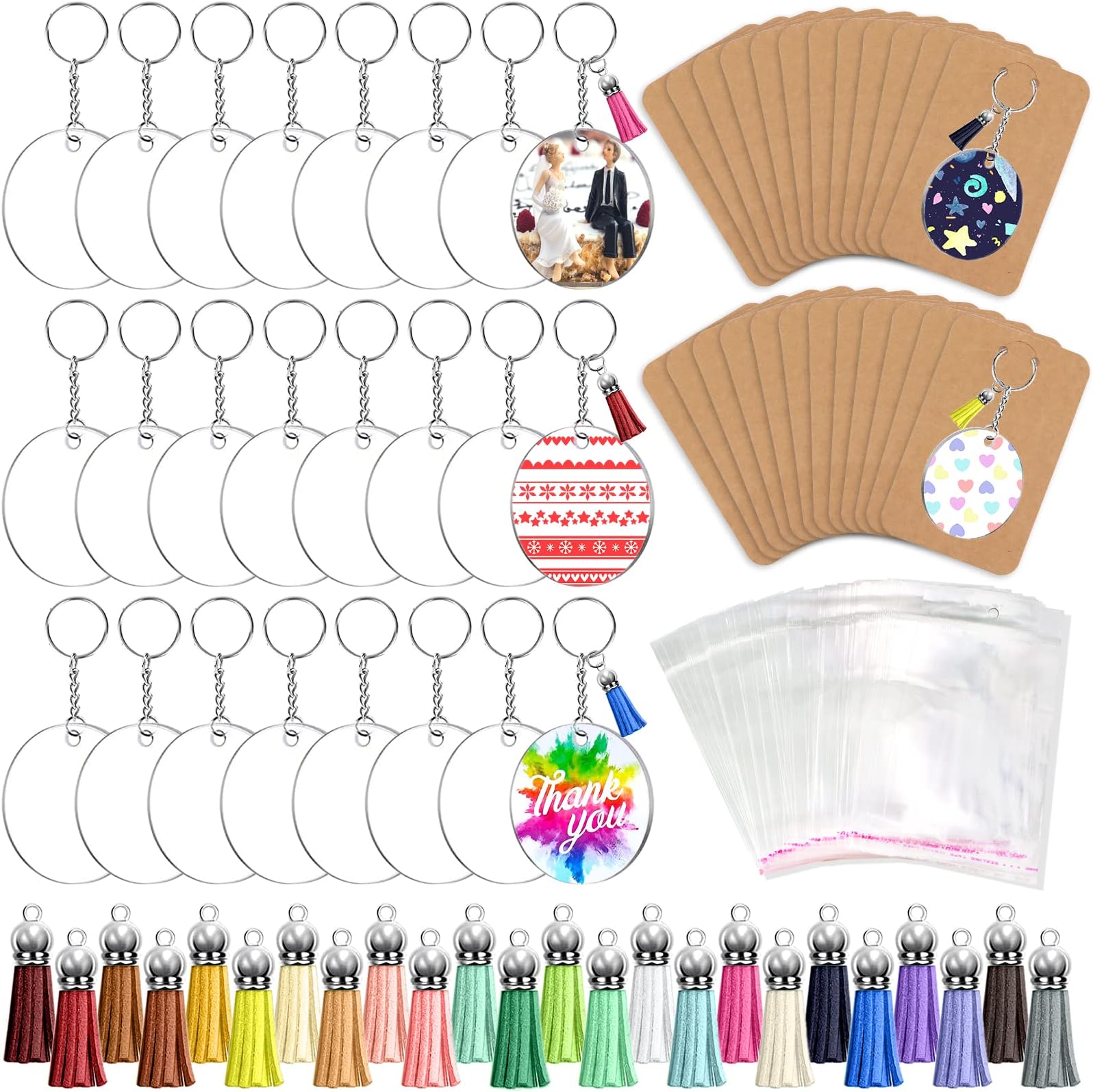 ZOCONE 144 PCS 2 INCH Acrylic Keychain Blanks Set, Clear Circle Acrylic Blank Bulk with Keychain Ring, Display Card, Packing Bag, Jump Rings, Tassels for Vinyl DIY Keychain Earring and Craft Project