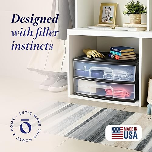 Miniatura 4 de HOMZ Paquete de 2 cajones de almacenamiento, organizador de plástico transparente de 2 niveles de ancho, marco negro, contenedores organizadores