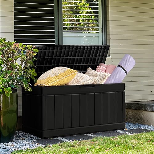 Miniatura 2 de GUNJI Caja de cubierta de 85 galones para exteriores, impermeable, grande, de resina, para patio, contenedor de almacenamiento con cerradura, banco