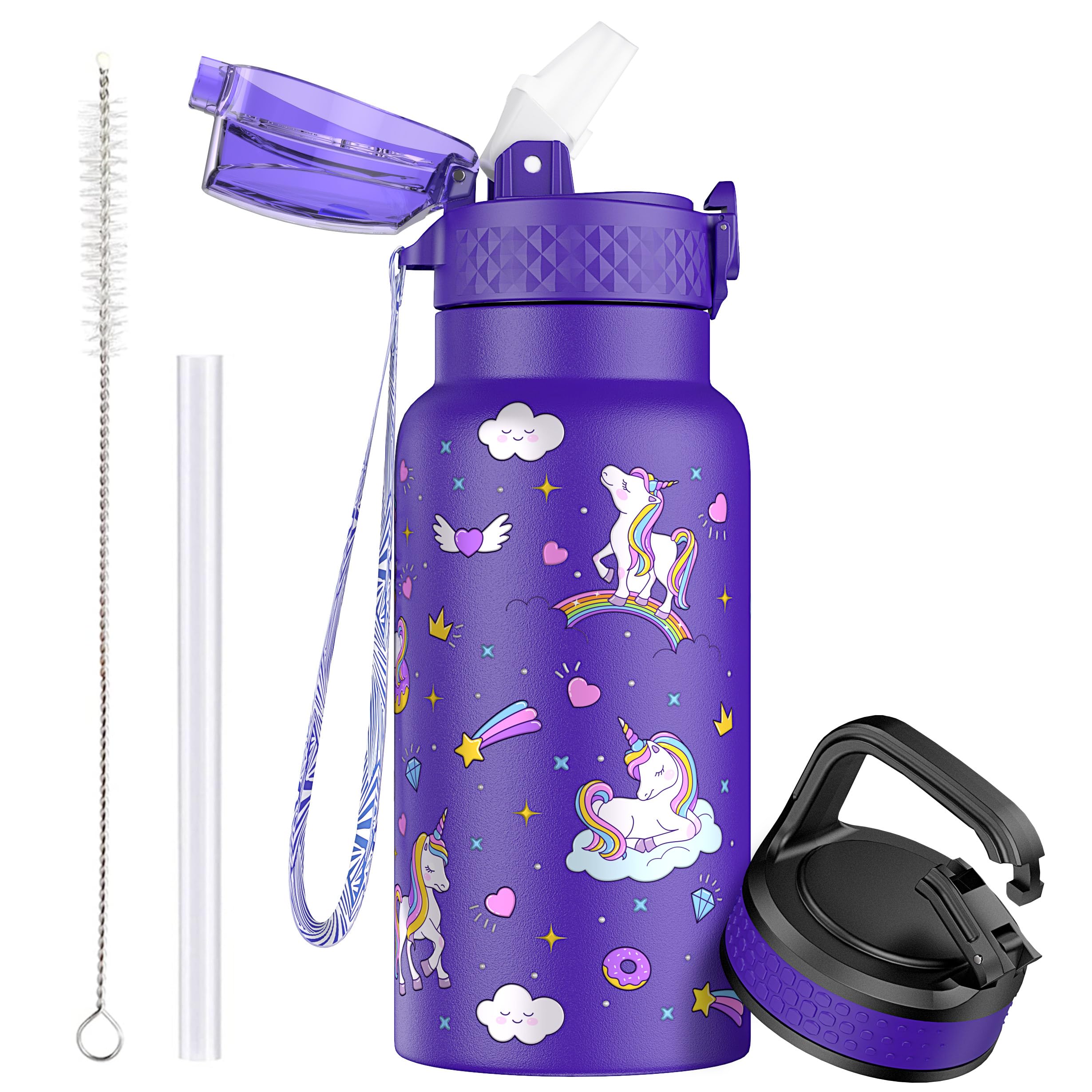 OLDLEY500ml/17oz Kids Stainless Steel Insulated Water Bottle with Straw Double Wall Metal Vacuum Leakproof Reusable Small Flask with 2 Different Lids Hot Cold Drinks for Boys Girls Toddler Children