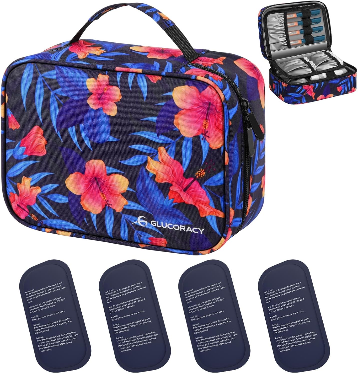 Glucoracy Insulin Cooler Travel Case, Large Medication Cooler Bag with 4 Reusable Ice Packs for Insulin Pens and Diabetic Supplies, Diabetic Care Kits Organizer with Handle Design, Blue
