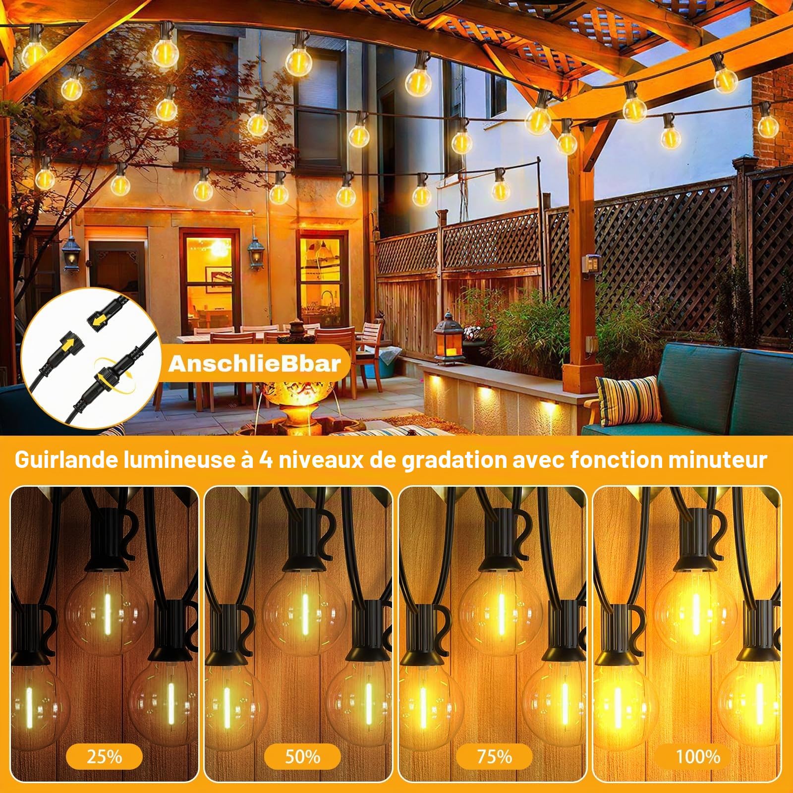 Sprifityy Guirlande Lumineuse Exterieure,Guirlandes lumineuses solaires 35m | pour l'extérieur,Guirlande Lumineuse LED Extérieur Dimmables,étanche IP44,avec Télécommande,Blanc Chaud