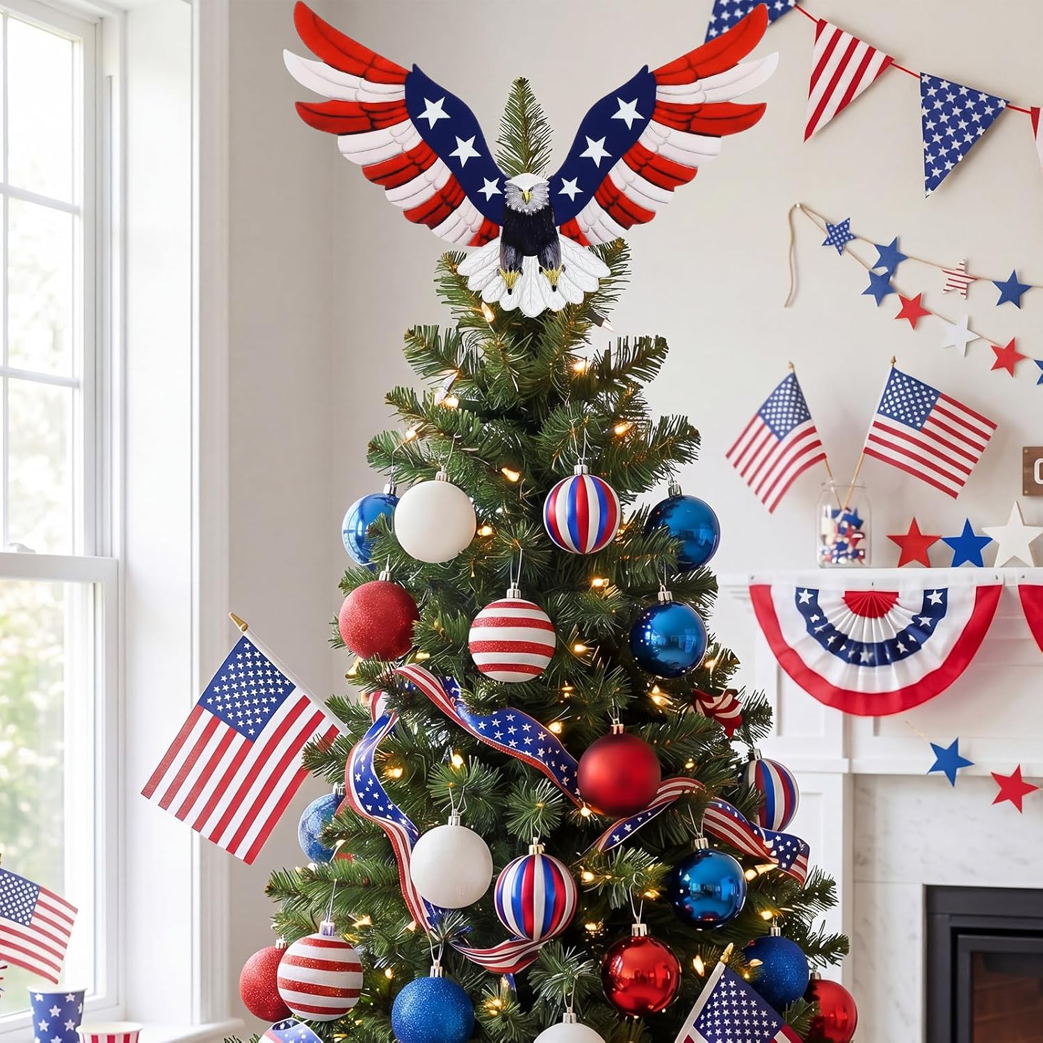 Thenshop 12 Inch Patriotic Eagle Tree Topper 4th of July Eagle Tree Decoration Red White and Blue Patriotic Decor for Independence Day 250th Home Indoor Outdoor Wall Decor
