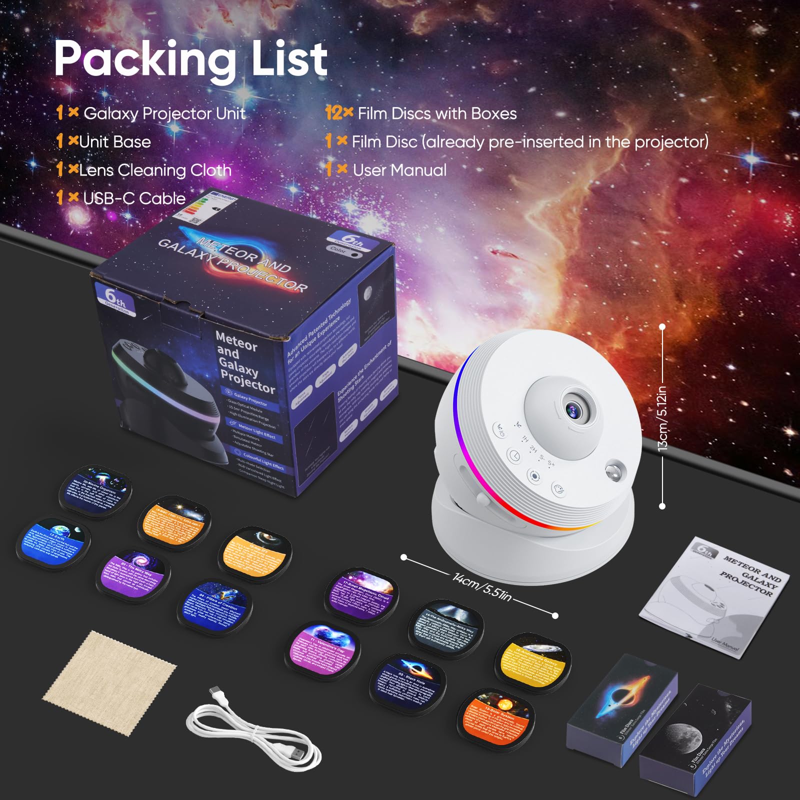 Sternenprojektor, 13-in-1-Projektor Galaxy 4K HD mit Timer, dynamischer Meteorit