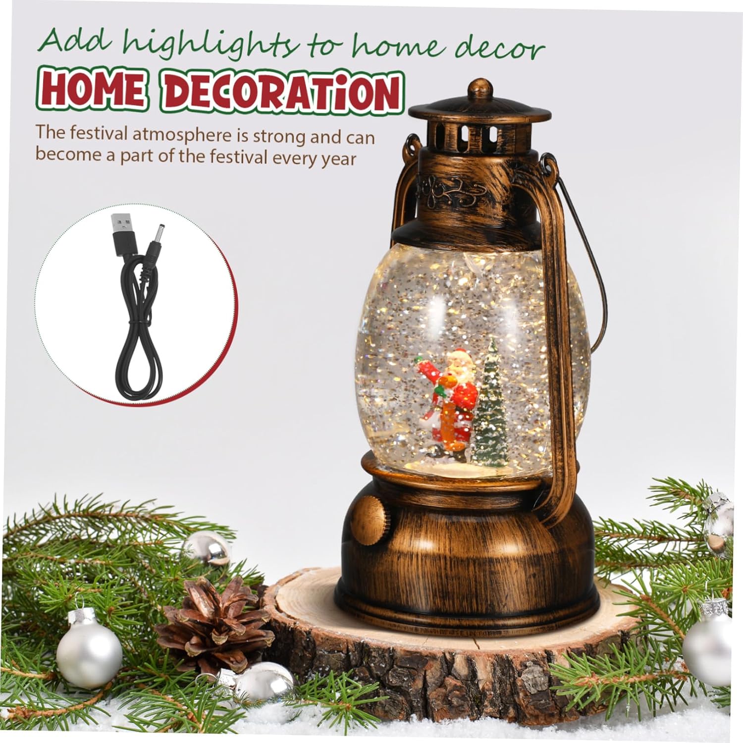 Unomor Lighted Christmas Snow Globe Lantern with Santa and Tree Musical Glittering Holiday Decor for Table Centerpiece USB and Battery Operated Festive Accent for Fireplace and Indoor Use