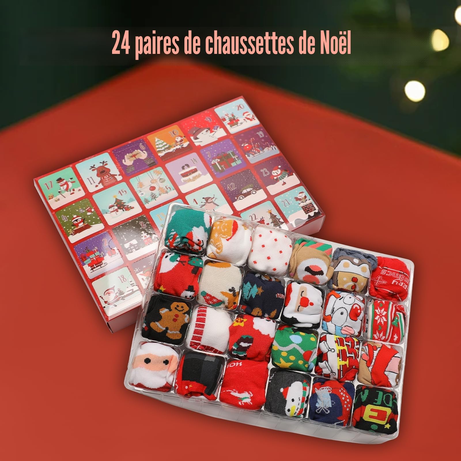 24 paires de chaussettes de Noël Calendrier de l'Avent 2025, calendrier de 24 jours, chaussettes parfaites pour cadeau pour hommes et femmes, ensemble de chaussettes douillettes de Noël pour adultes