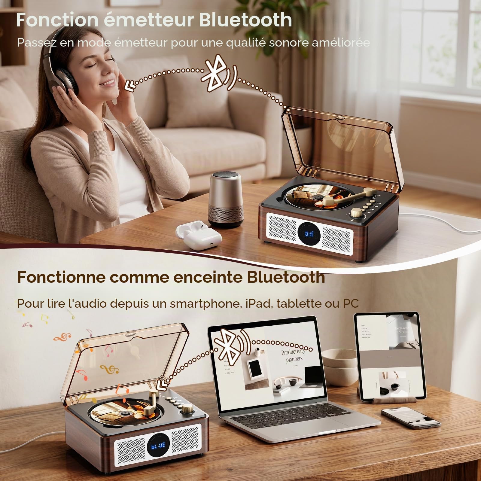 Lecteur CD portable Bluetooth Lehwey avec haut-parleurs stéréo intégrés, radio FM, répétition, télécommande, USB/AUX