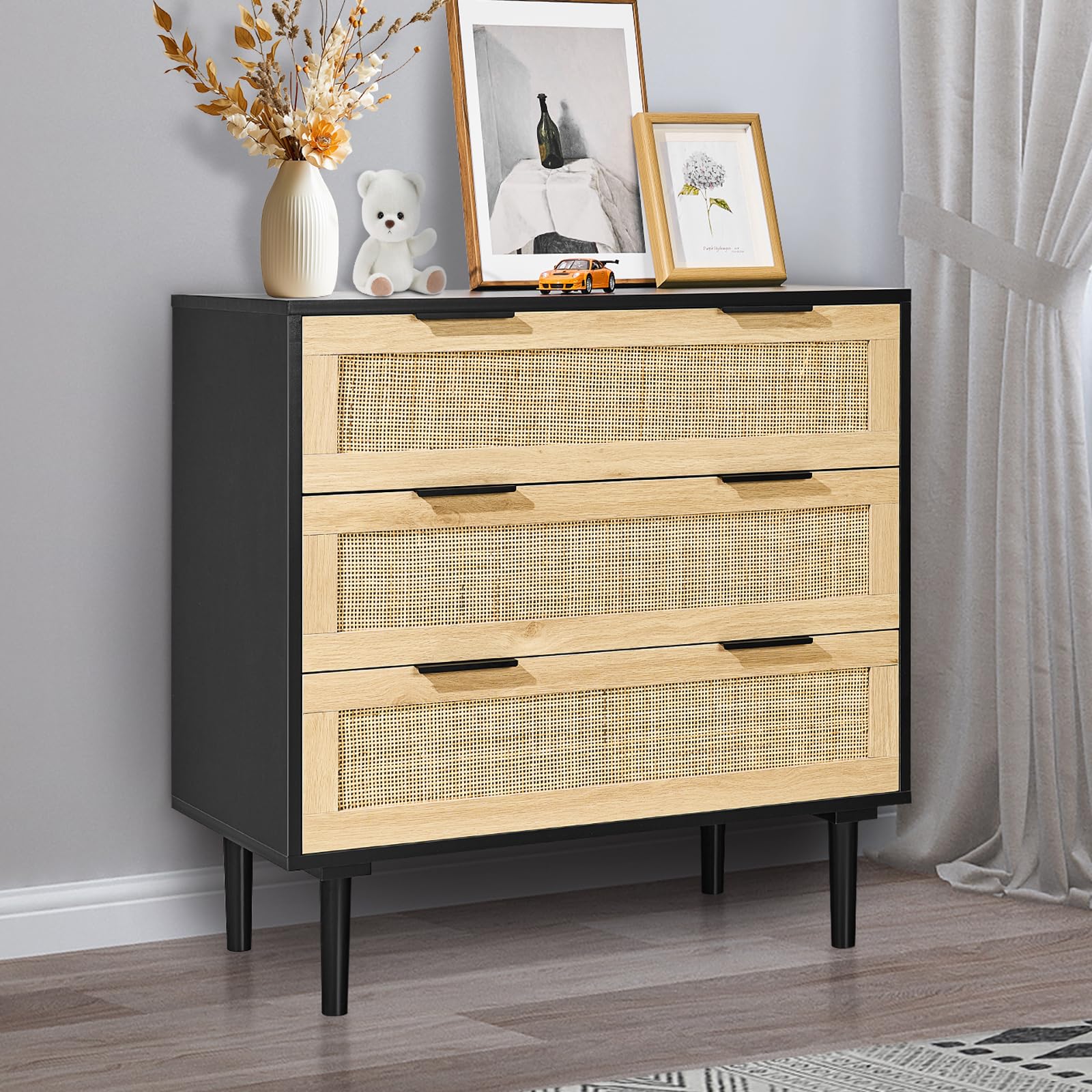 VEVOR Cassettiere in Legno di Rattan Naturale con 3 Cassetti, Moderna Cassettiera in Legno per Vestiti e Contenitori Boho con Maniglie e Gambe Robuste, per Camera da Letto Soggiorno e Corridoio